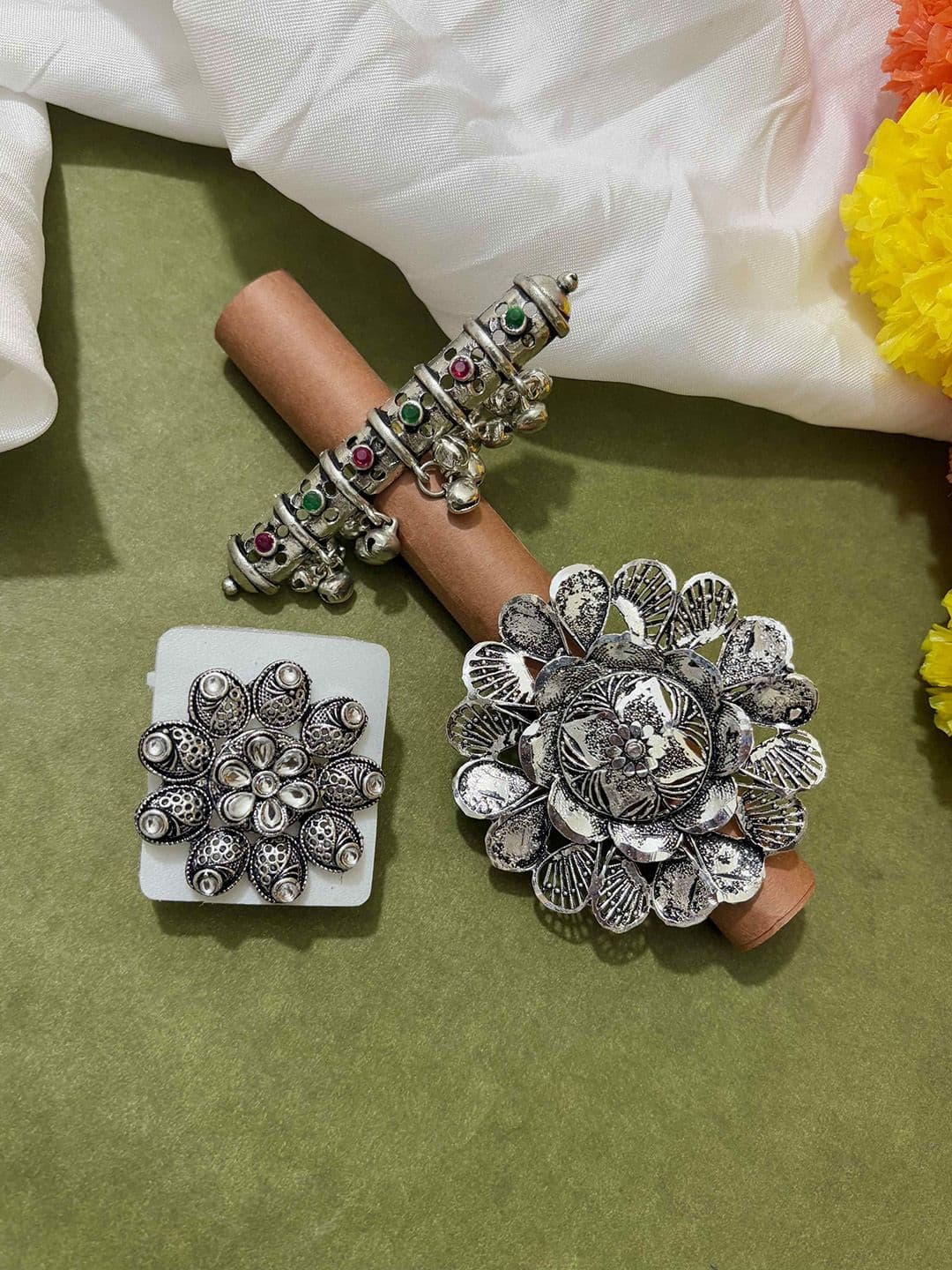 ATIBELLE Set Of 3 Silver-Plated Stone Studded Finger Ring - Image 1