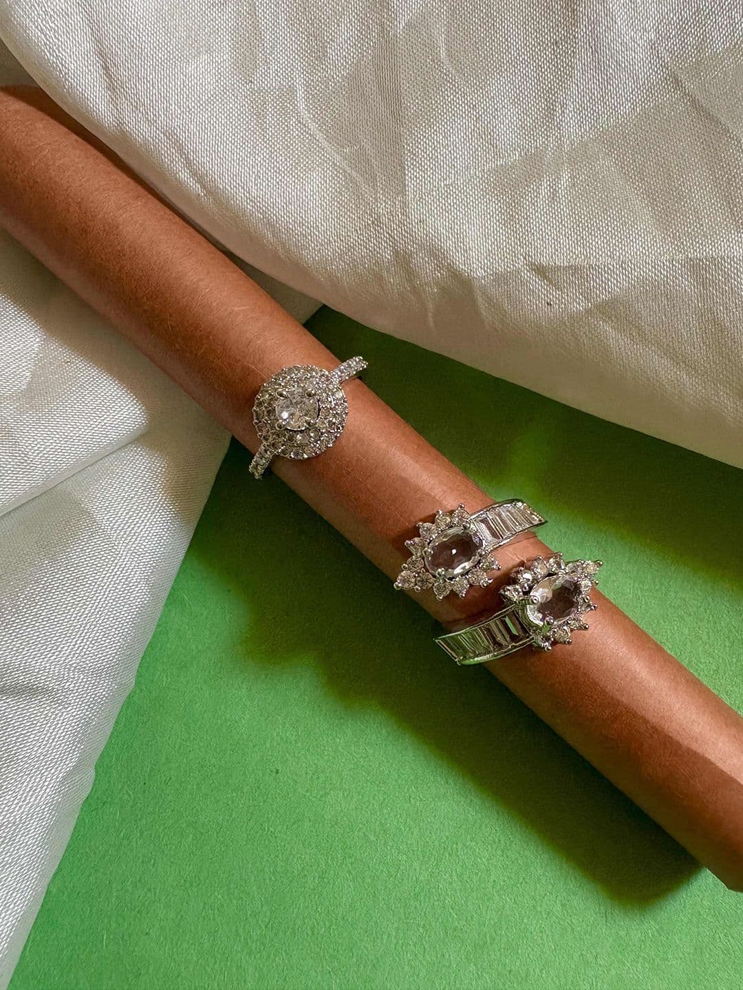 ATIBELLE Set Of 2 Silver Plated CZ-Studded Adjustable Finger Rings - Image 1