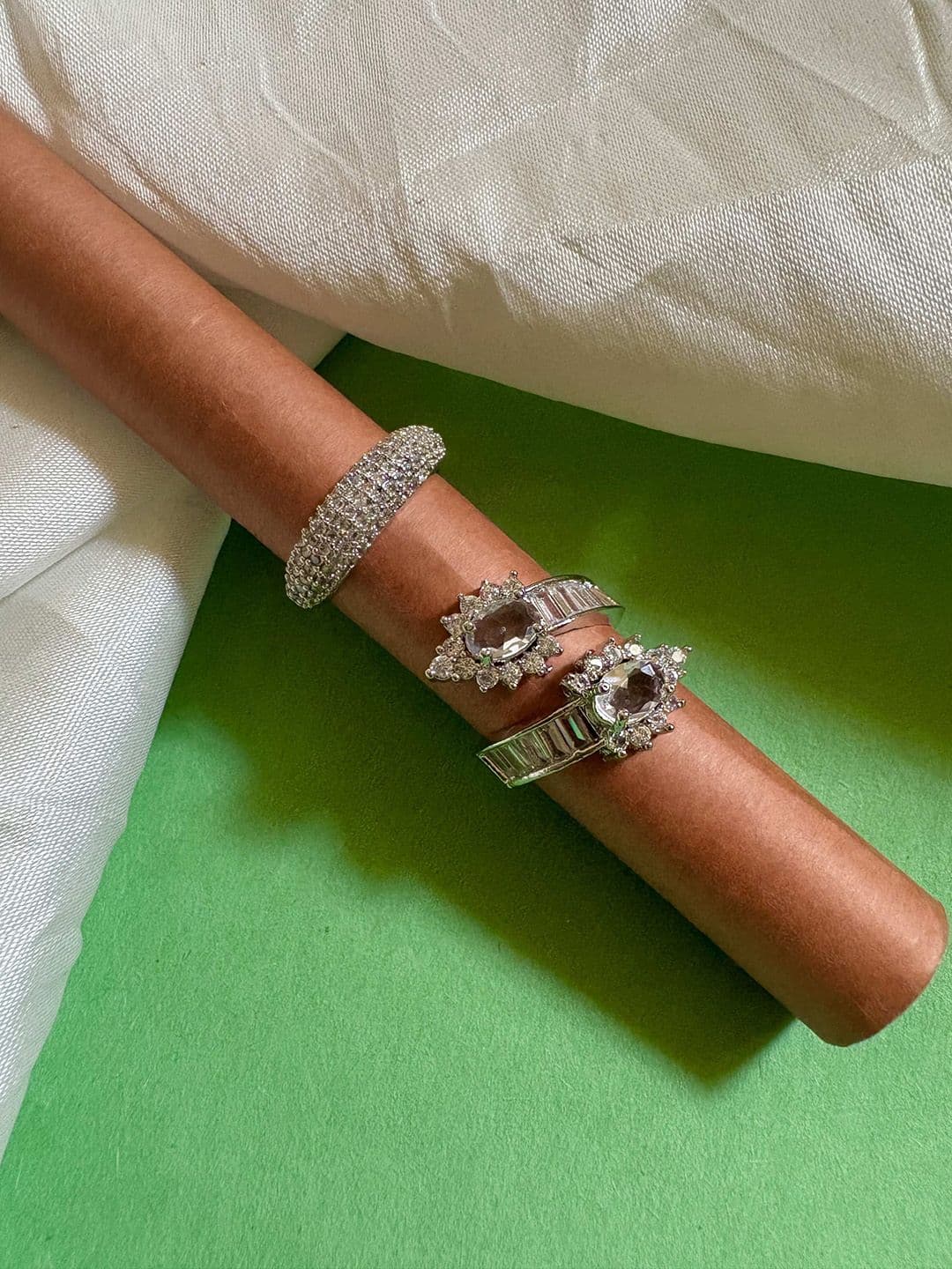 ATIBELLE Set Of 2 Silver-Plated CZ-Studded Finger Ring - Image 1