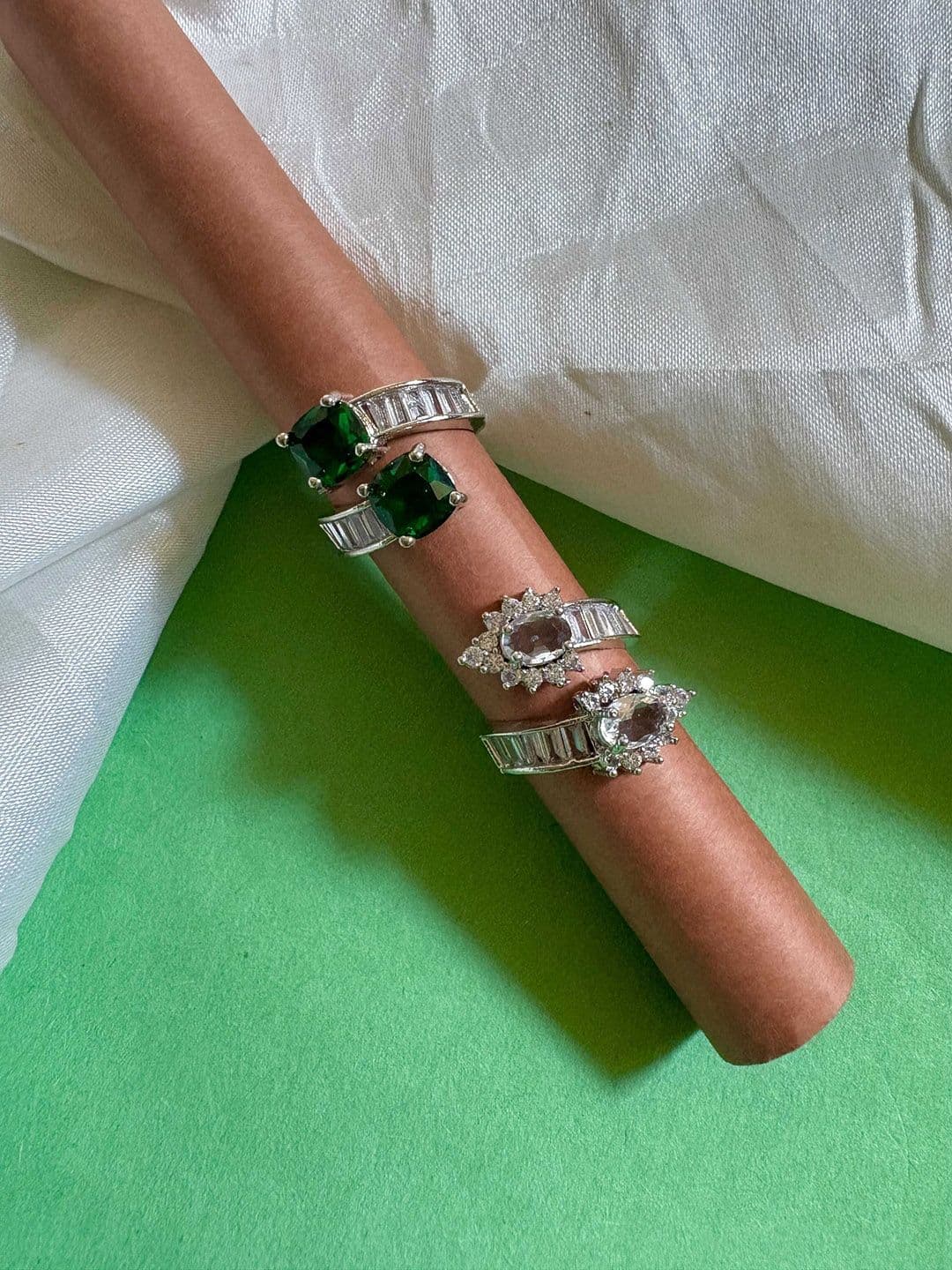 ATIBELLE Set Of 2 Silver-Plated CZ-Studded Adjustable Finger Rings - Image 1