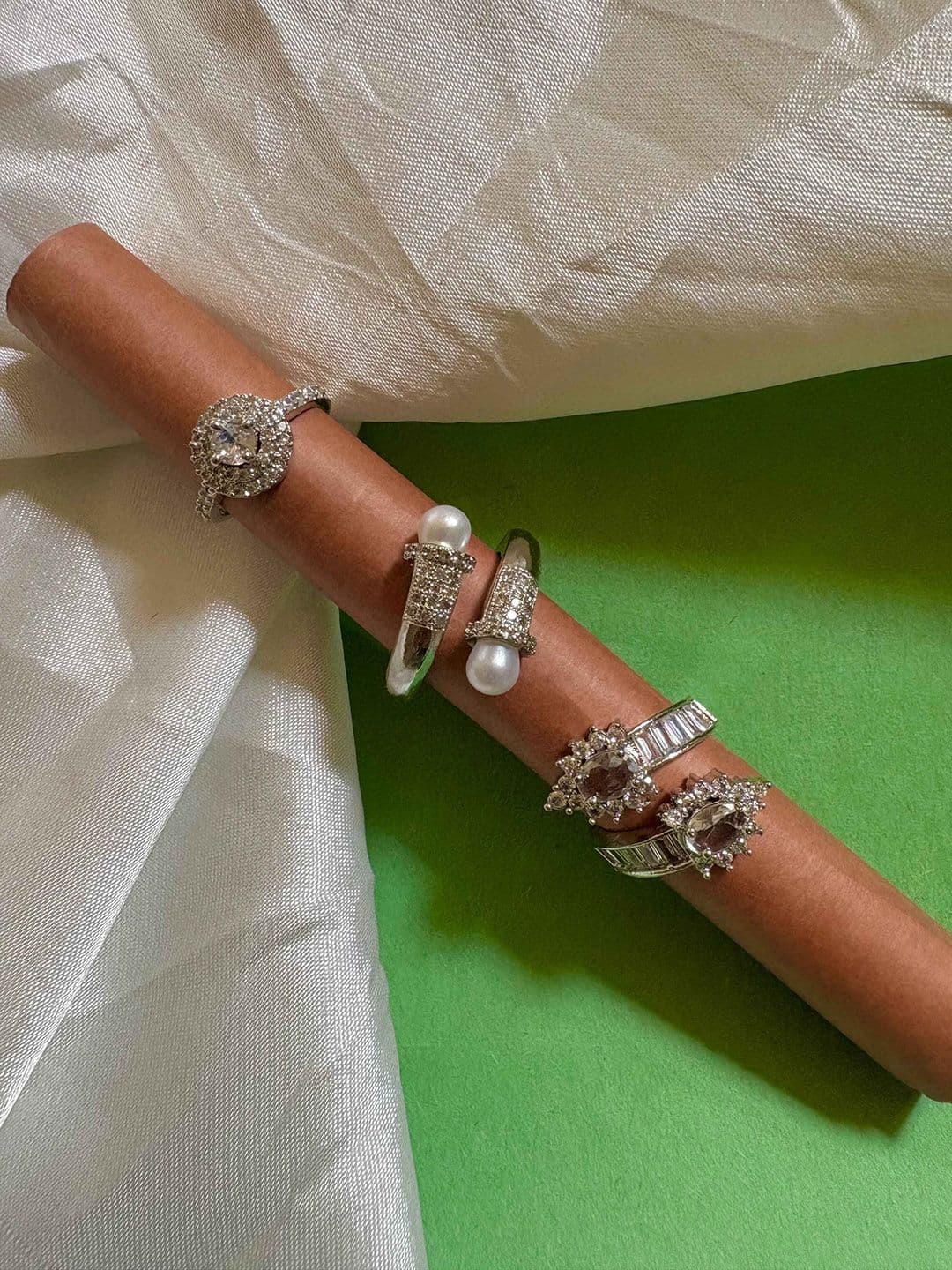 ATIBELLE Set Of 3 Silver-Plated CZ-Studded Adjustable Finger Rings - Image 1