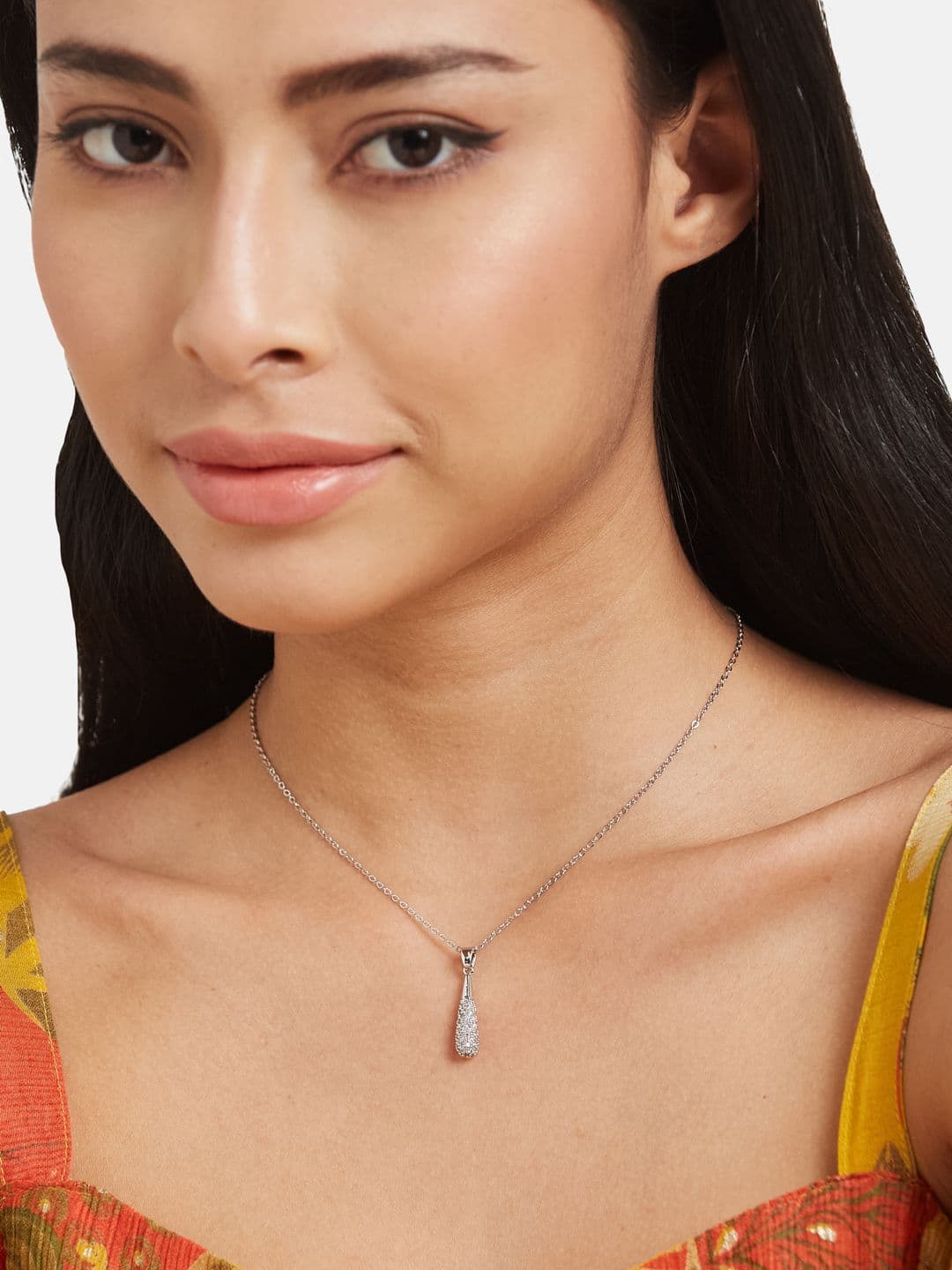 ATIBELLE Silver-Plated Teardrop-Shaped Pendant With Chain - Image 1