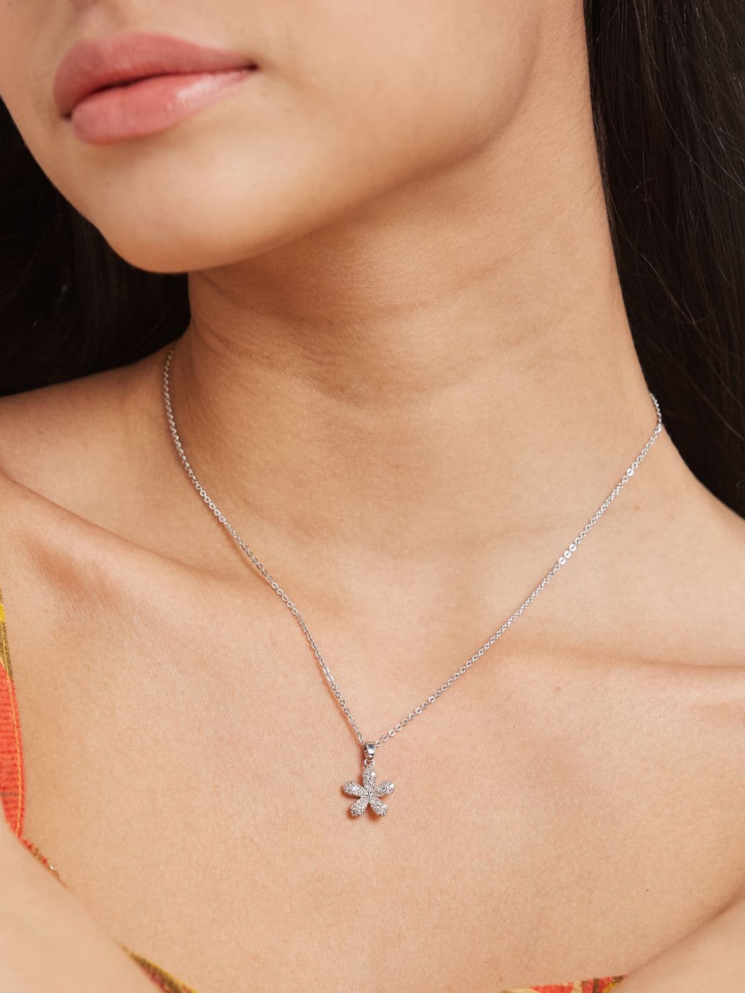 ATIBELLE Silver Plated Cubic Zirconia Stone Studded Floral Shaped Pendant With Chain - Image 1