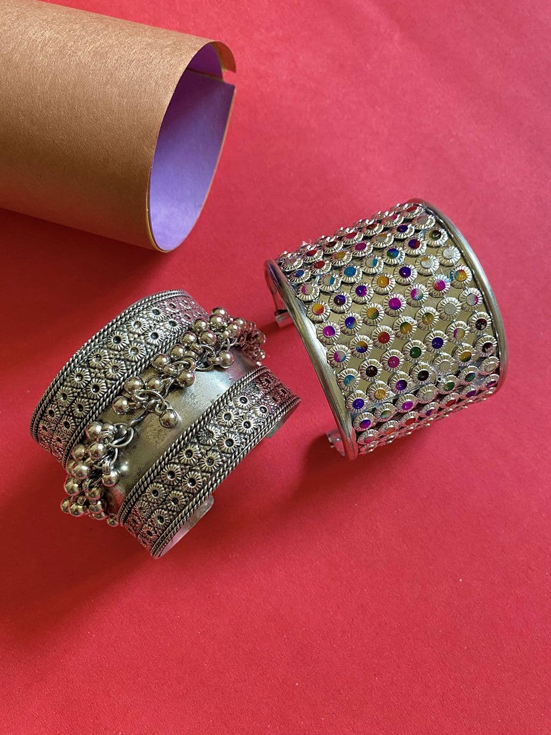 ATIBELLE Set of 2 German Silver-Plated Stone-Studded & Beaded Bangles - Image 1