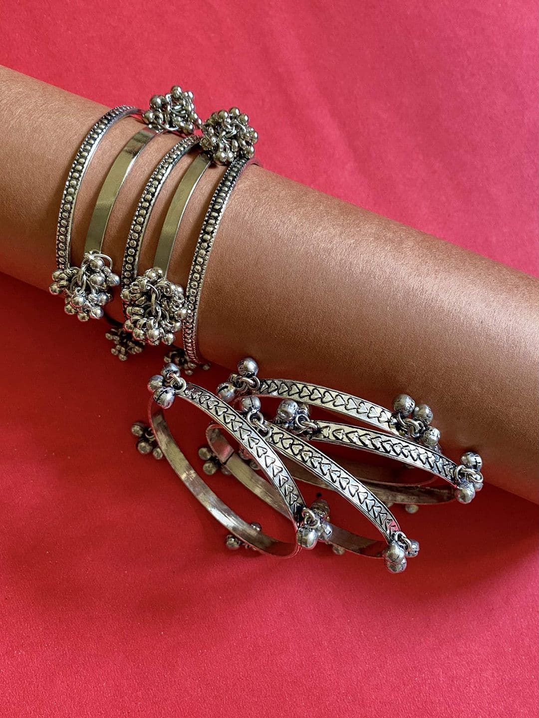 ATIBELLE Set Of 9 Sliver-Plated Textured Bangles - Image 1