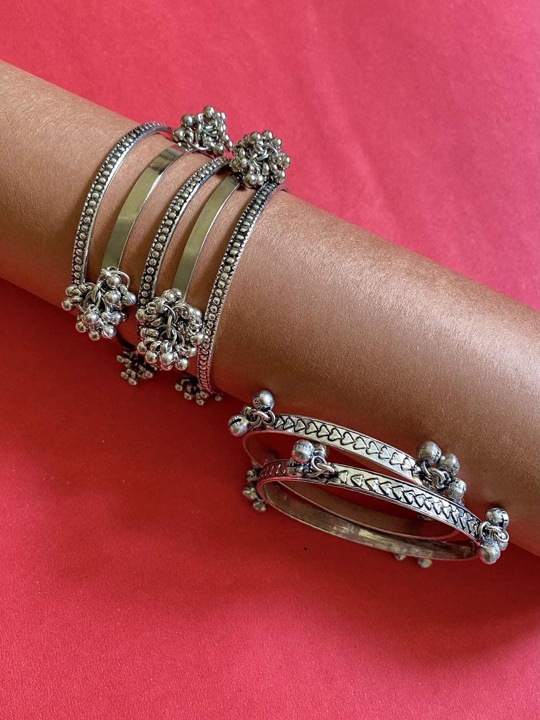 ATIBELLE Set Of 7 Sliver Plated Textured Bangles - Image 1
