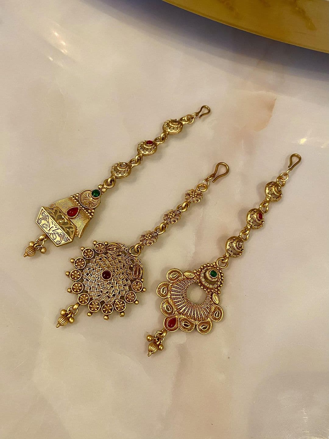 ATIBELLE Set Of 3 Gold-Plated Stone Studded and Beaded Maang Tikkas Head Jewellery - Image 1