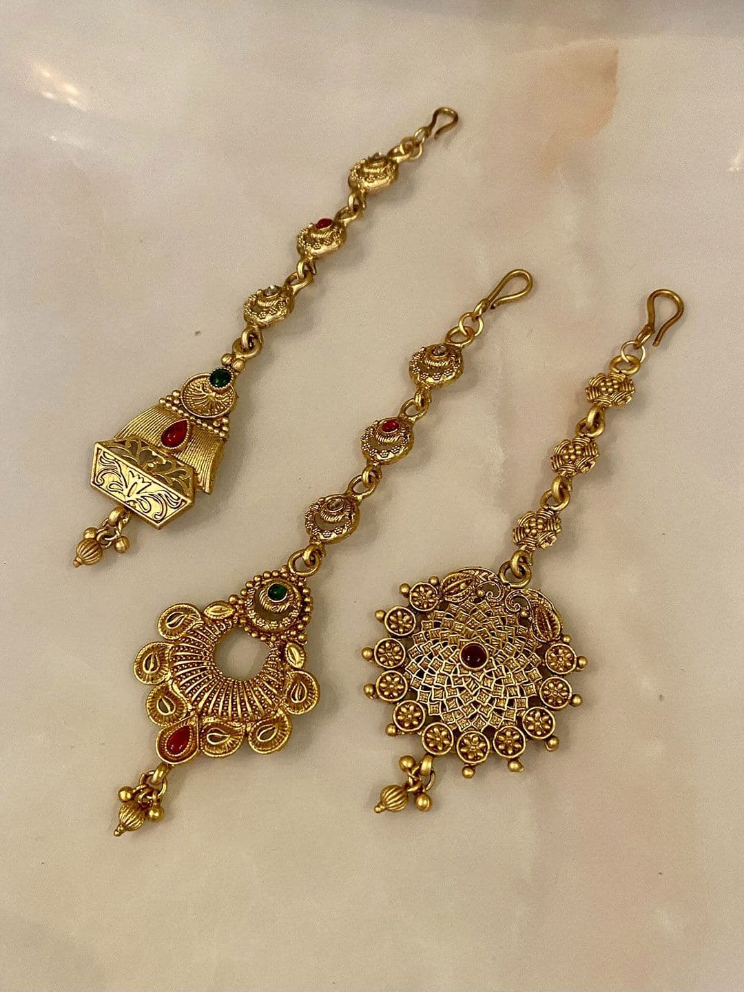 ATIBELLE Set Of 3 Gold-Plated Stone Studded and Beaded Maang Tikkas Head Jewellery - Image 1