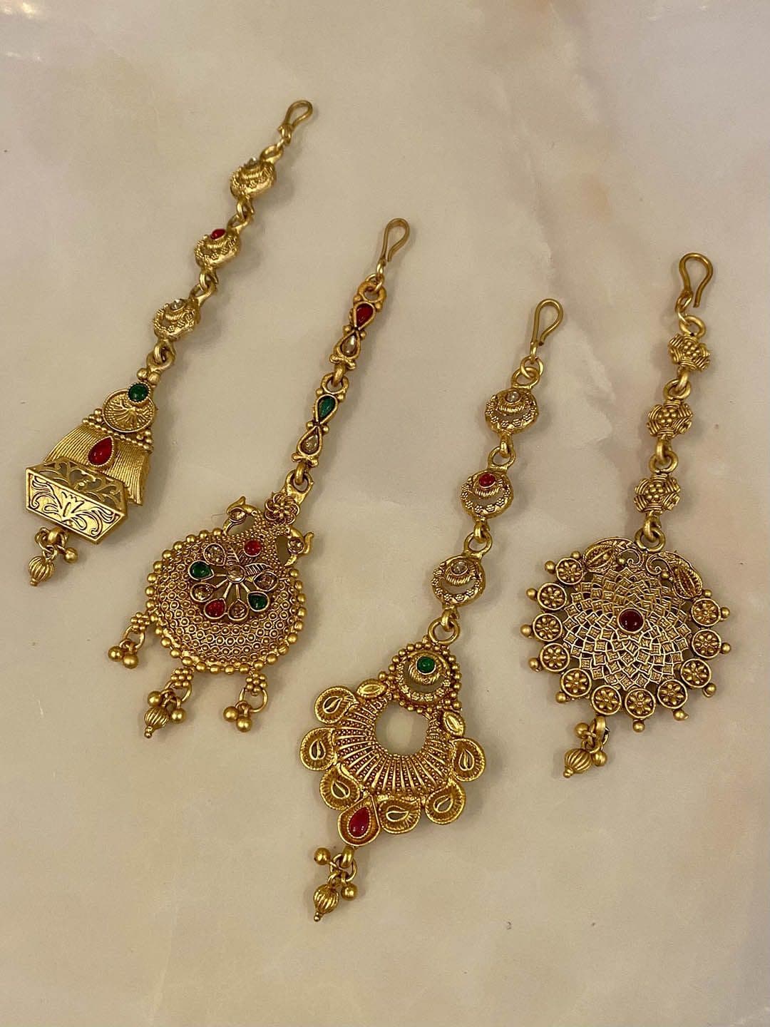ATIBELLE Set Of 4 Gold-Plated Stone Studded and Beaded Maang Tikkas Head Jewellery - Image 1