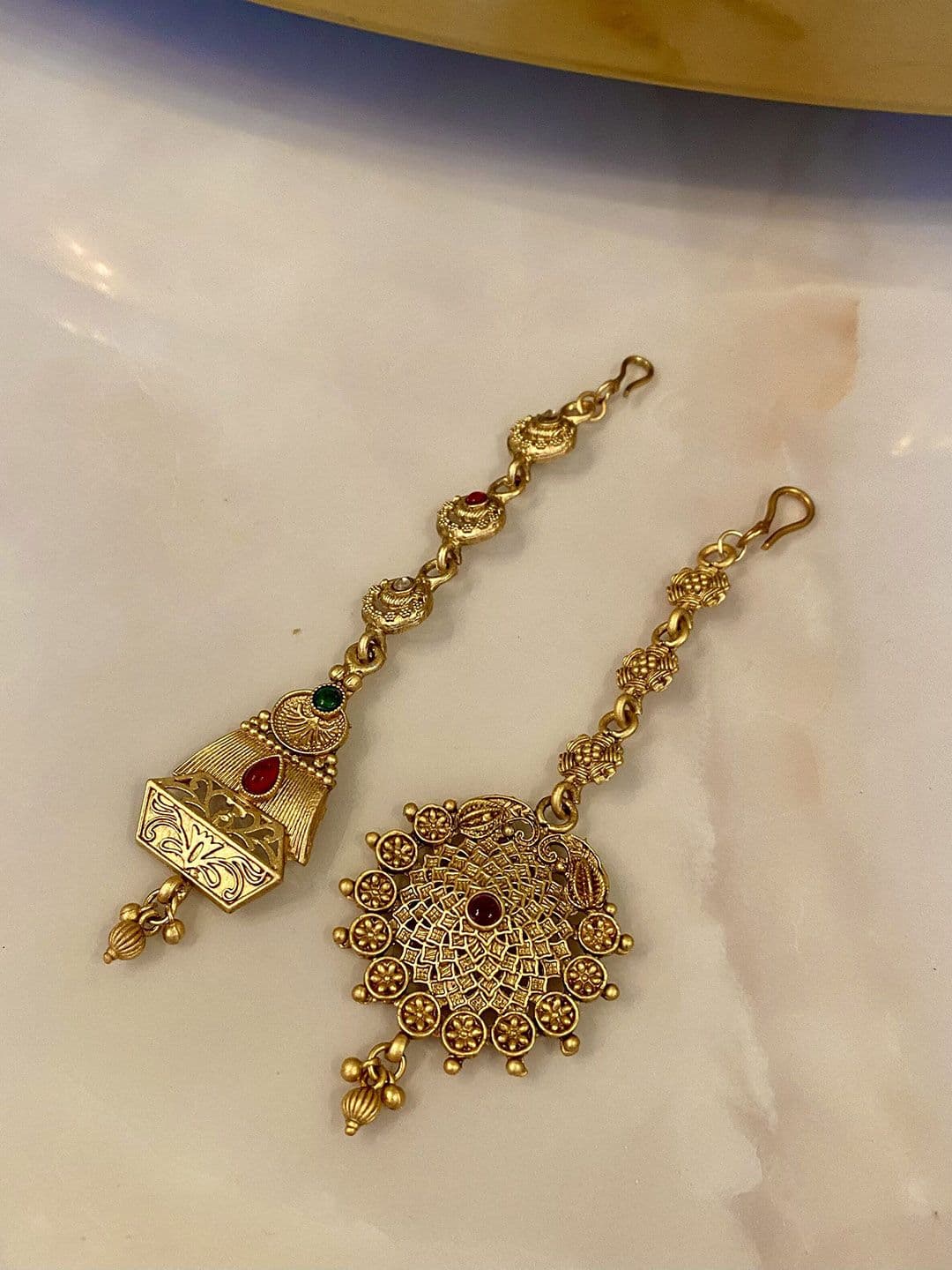 ATIBELLE Set Of 2 Gold-Plated Stone Studded and Beaded MagaTikkas Head Jewellery - Image 1