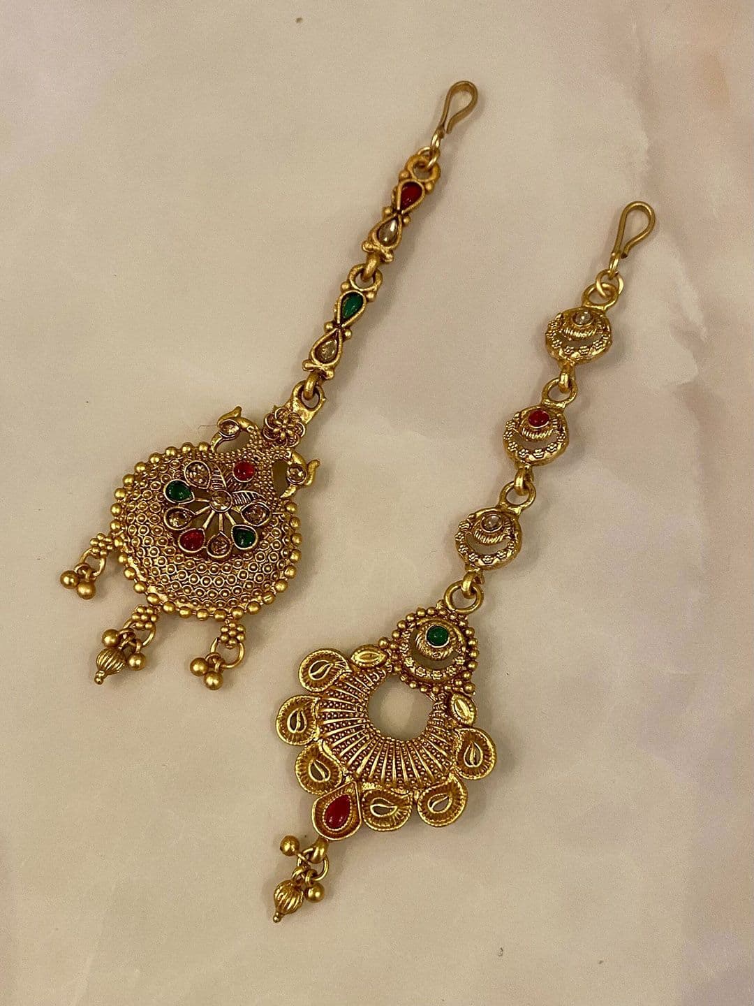 ATIBELLE Set Of 2 Gold-Plated Stone Studded and Beaded Maang Tikkas Head Jewellery - Image 1