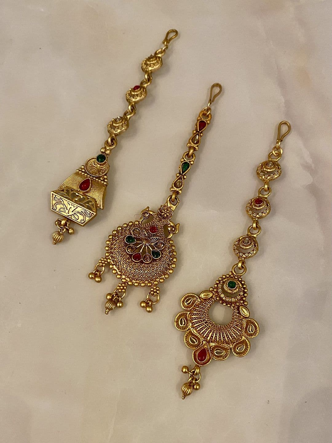 ATIBELLE Set Of 3 Gold-Plated Stone Studded and Beaded MagaTikkas Head Jewellery - Image 1