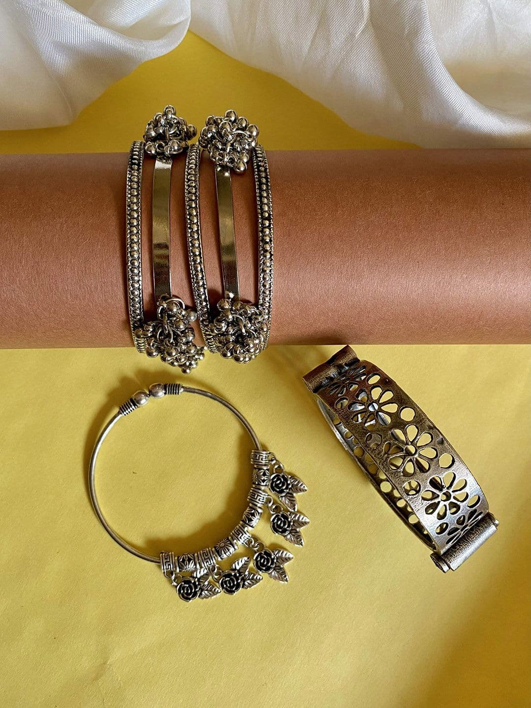 ATIBELLE Set Of 11 Silver Plated & Round Shaped -Textured Bangles - Image 1
