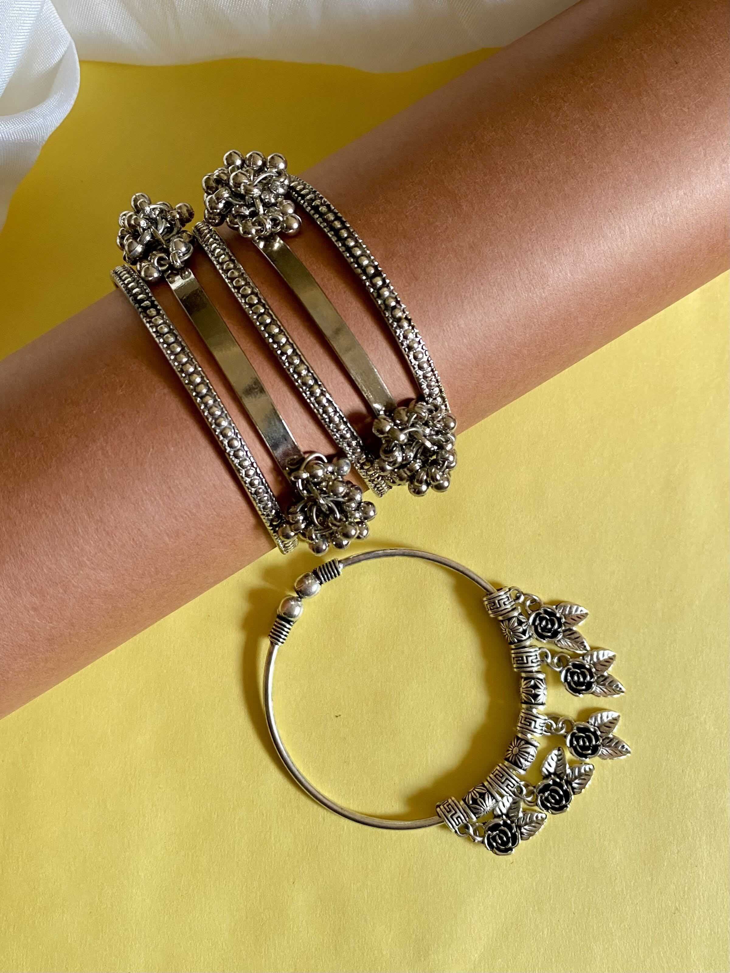 ATIBELLE Set Of 6 Silver-Plated Round Shaped Textured & Beaded Bangles - Image 1