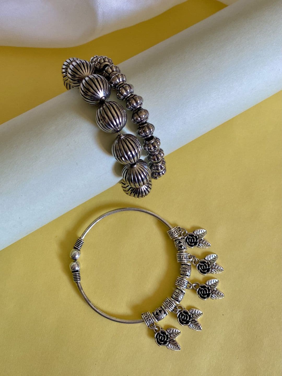 ATIBELLE Set Of 3 Silver Plated & Round Shaped Textured Bangles - Image 1