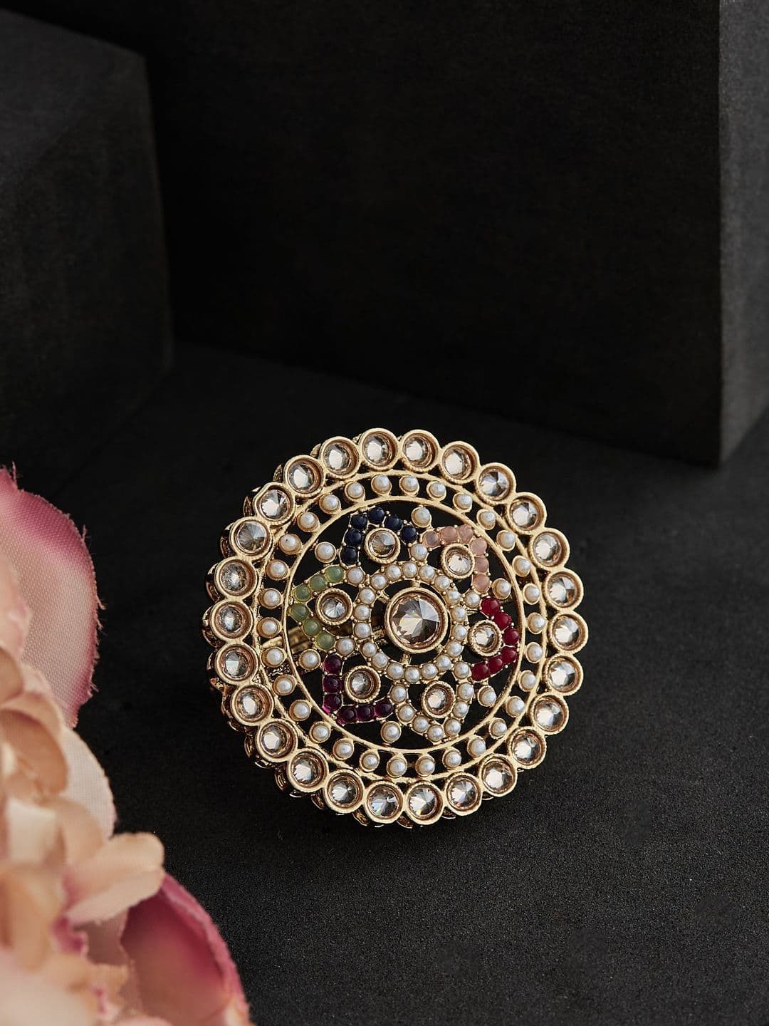 ATIBELLE Gold Plated Kundan Studded Finger Ring - Image 1