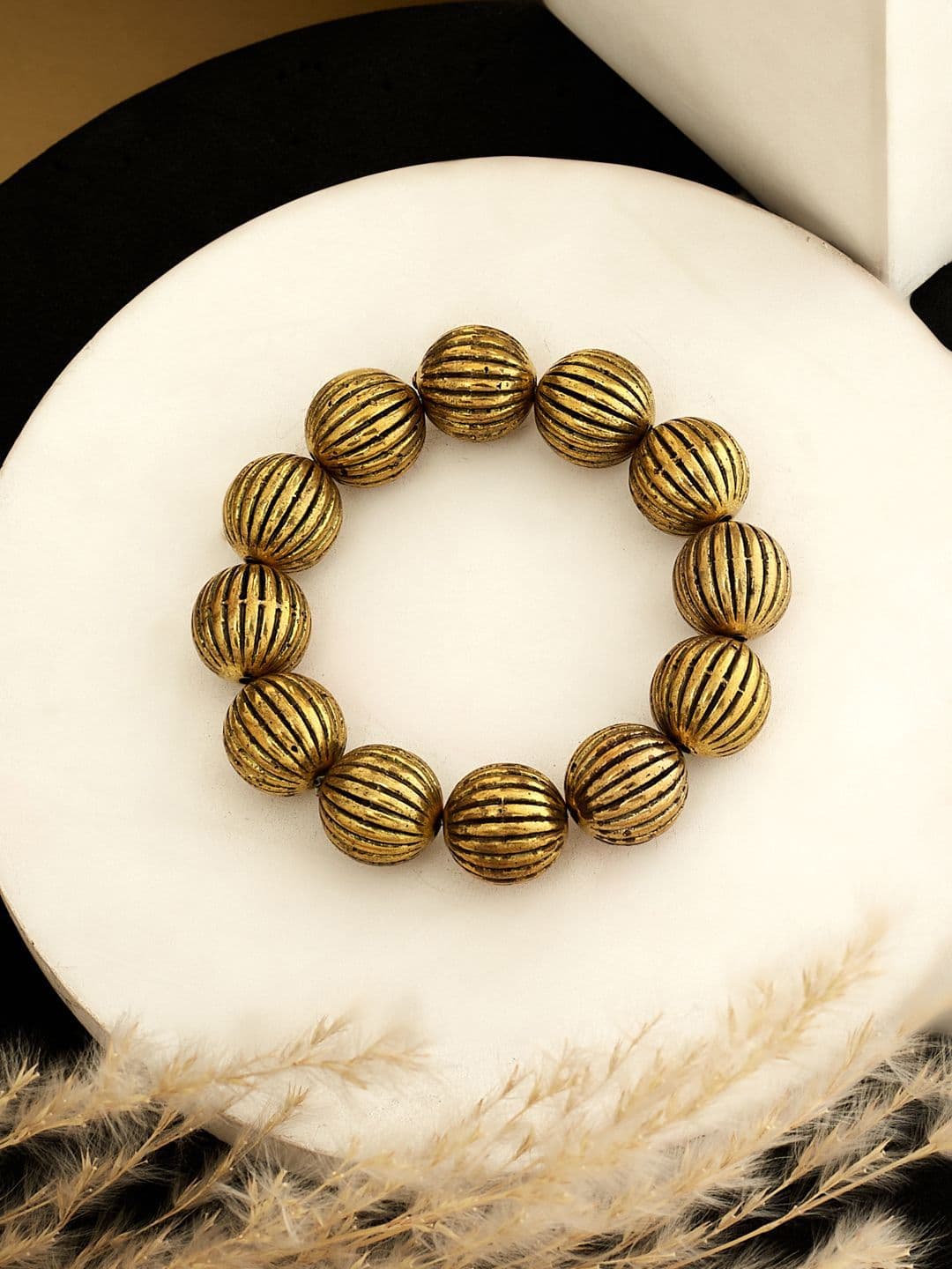 ATIBELLE Gold-Plated Textured Round-Shaped Elasticated Bracelet - Image 1
