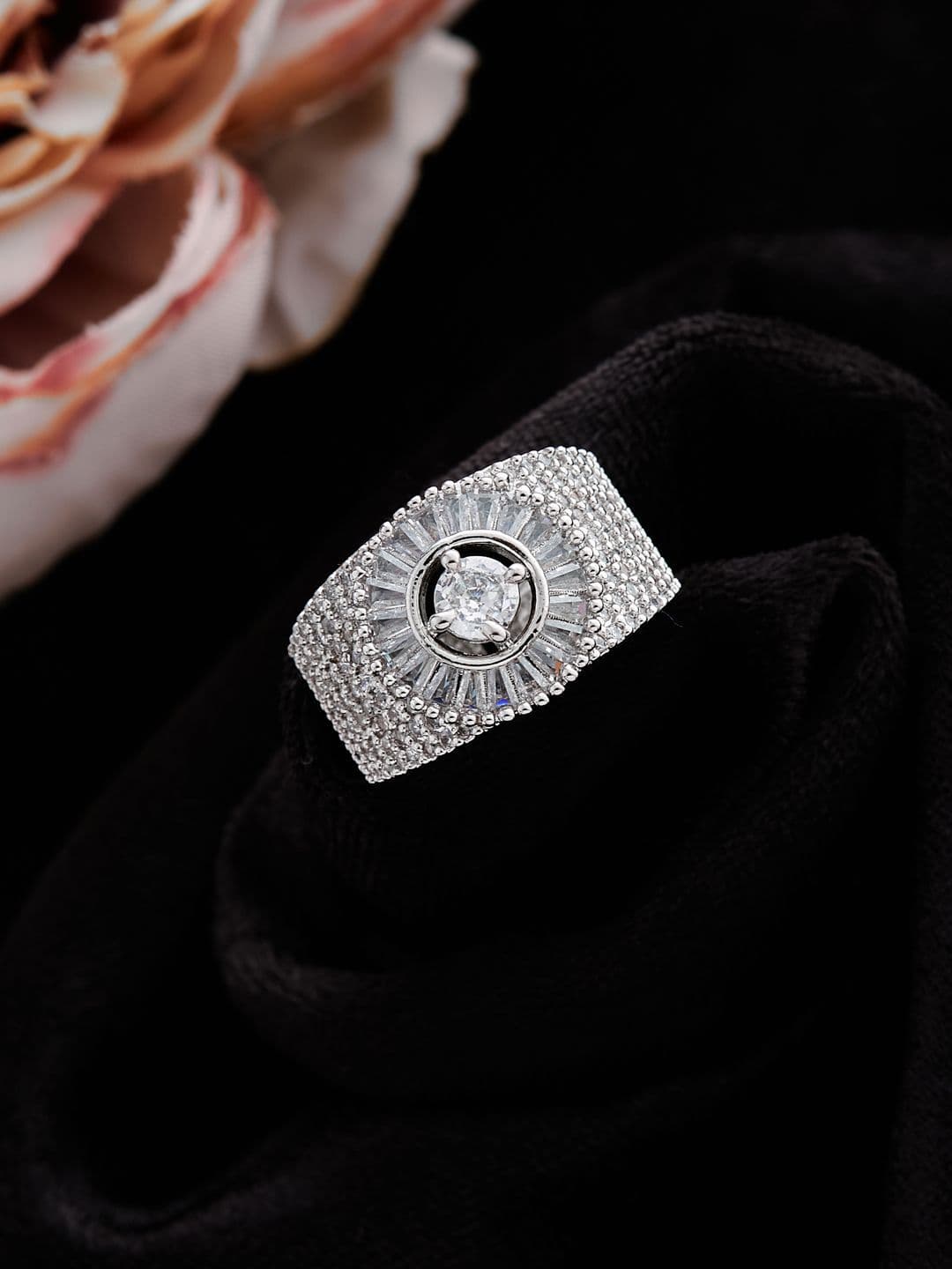 ATIBELLE Silver Plated Cubic Zirconia Stone Studded Adjustable Finger Ring - Image 1
