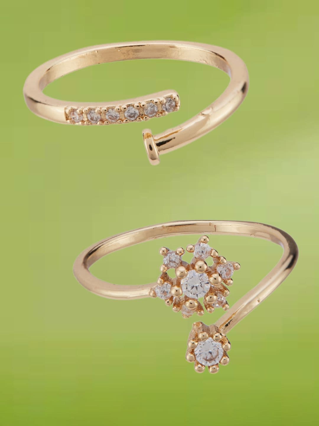 ATIBELLE Set Of 2 Gold-Plated Cubic Zirconia Stone-Studded Adjustable Finger Rings - Image 1