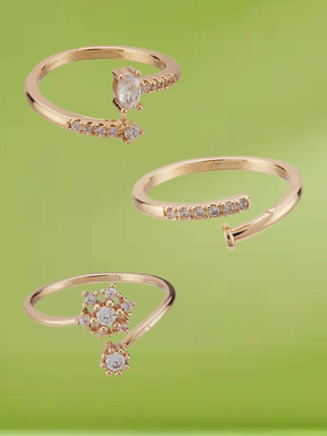 ATIBELLE Set Of 3 Gold-Plated Cubic Zirconia Stone-Studded Adjustable Finger Ring - Image 1