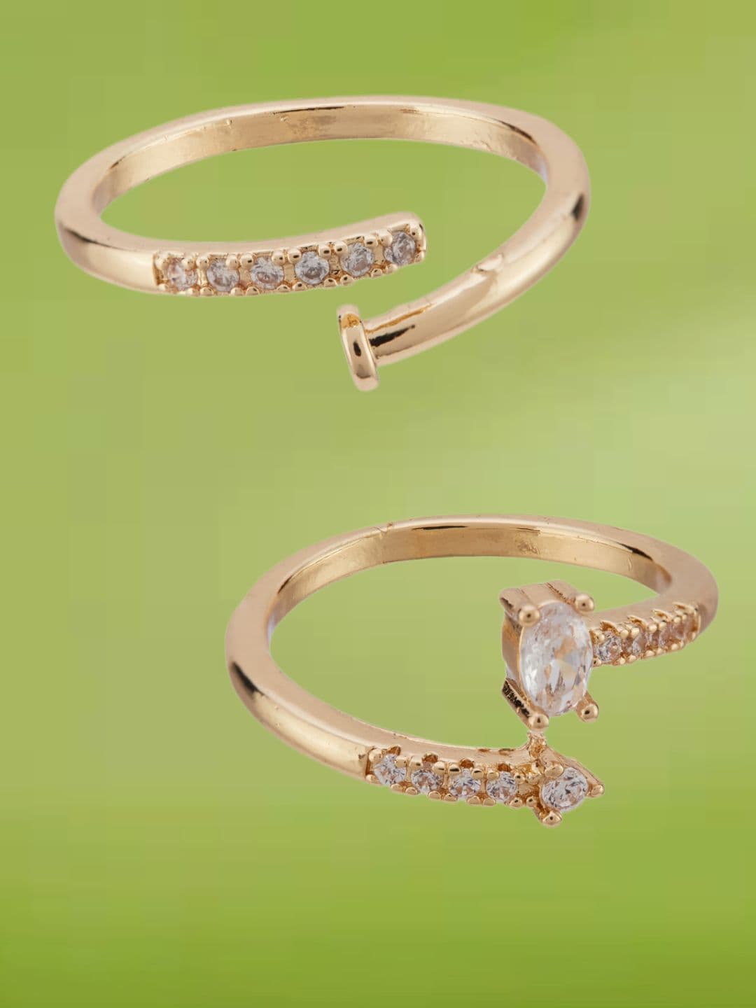 ATIBELLE Set Of 2 Gold-Plated Cubic Zirconia -Studded Adjustable Finger Rings - Image 1