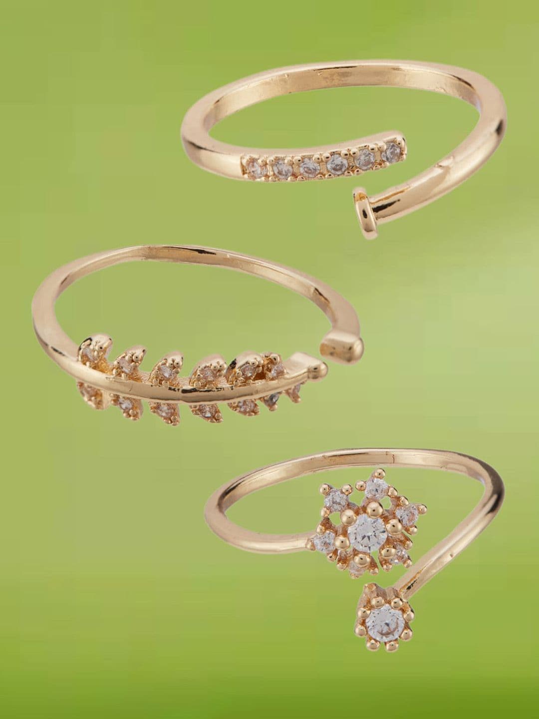 ATIBELLE Set Of 3 Gold-Plated Cubic Zirconia Stone-Studded Adjustable Finger Ring