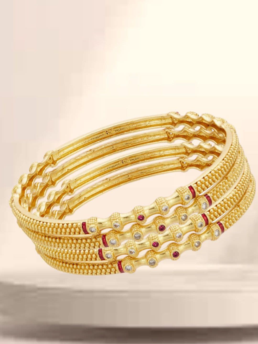 ATIBELLE Set Of 4 Gold-Plated Stones Studded Textured Bangles - Image 1