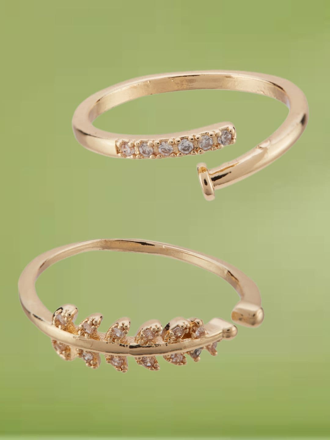 ATIBELLE Set Of 2 Gold-Plated Cubic Zirconia Stone-Studded Adjustable Finger Ring - Image 1