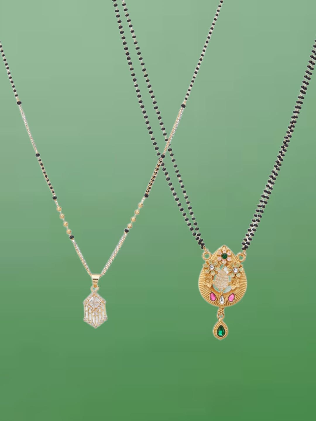 ATIBELLE Set of 2 Gold-Plated Cubic Zirconia Stone Studded & Beaded Mangalsutras