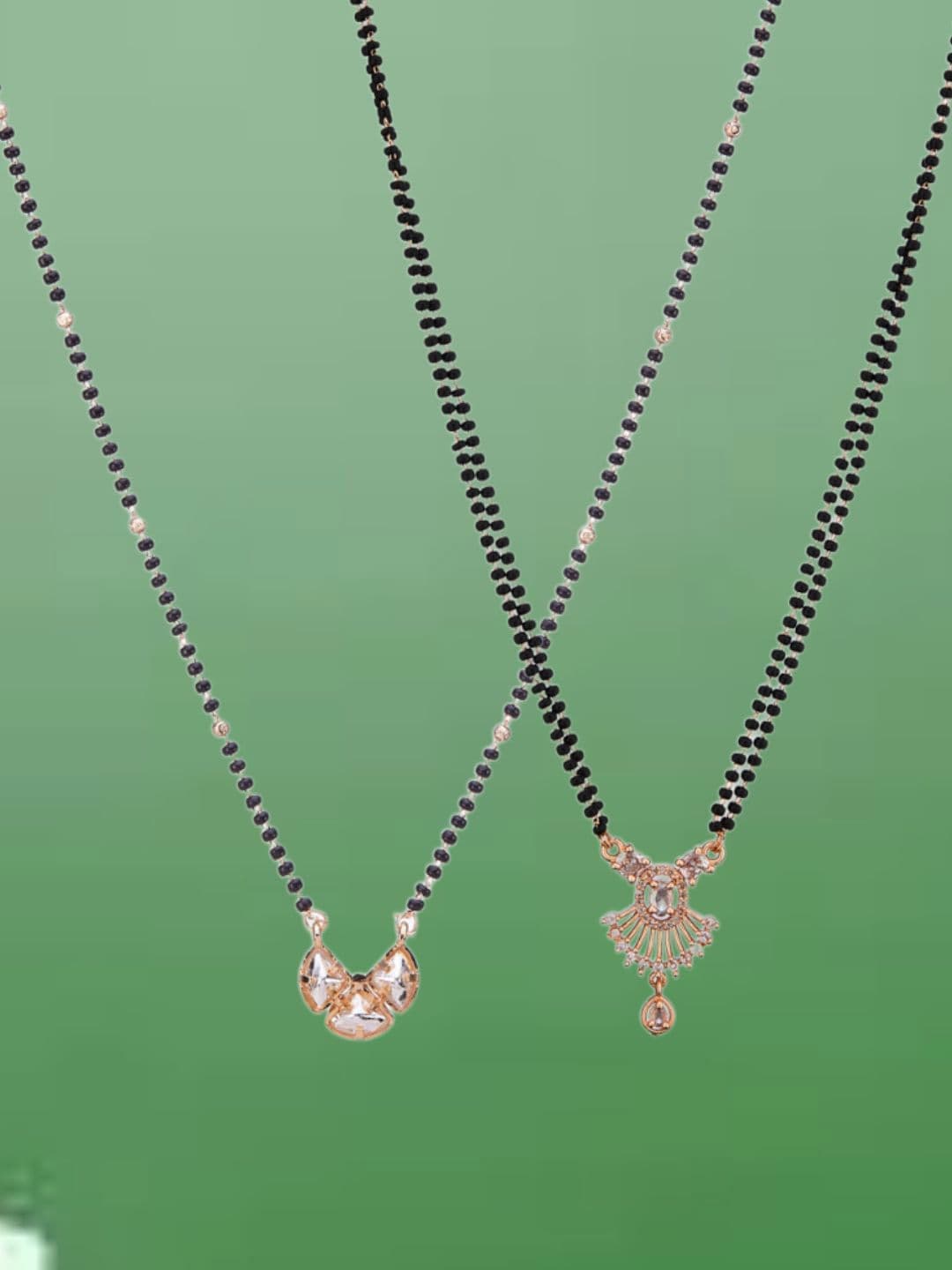ATIBELLE Set Of 2 Rose Gold-Plated Cubic Zirconia Studded Mangalsutras