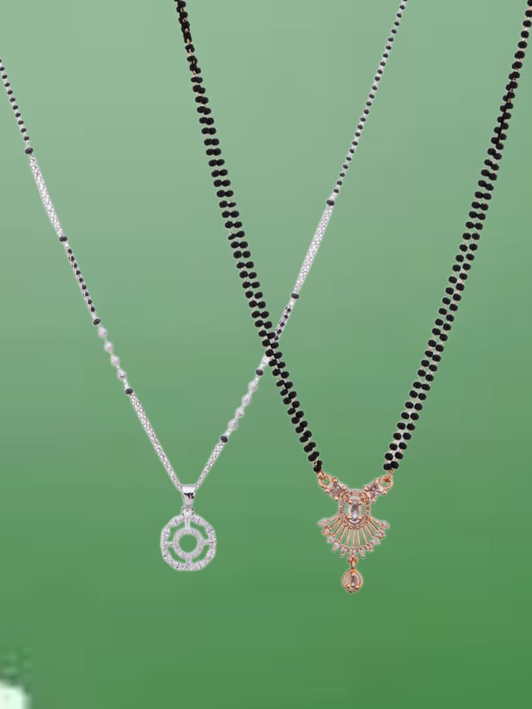 ATIBELLE Set Of 2 Silver-Plated Cubic Zirconia Studded & Beaded Mangalsutra