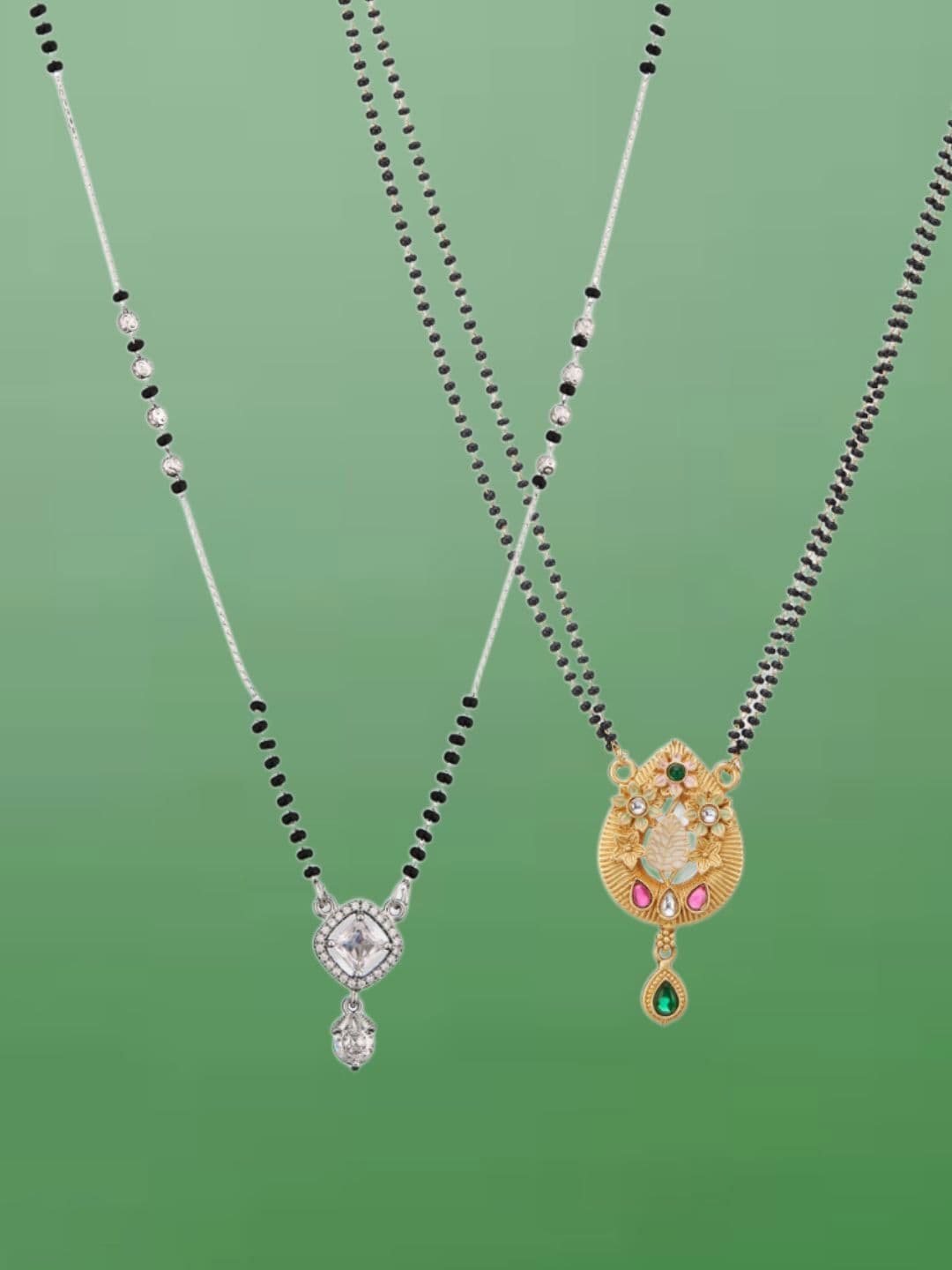 ATIBELLE Set of 2 Gold & Silver-Plated Cubic Zirconia Stone Studded & Beaded Mangalsutras
