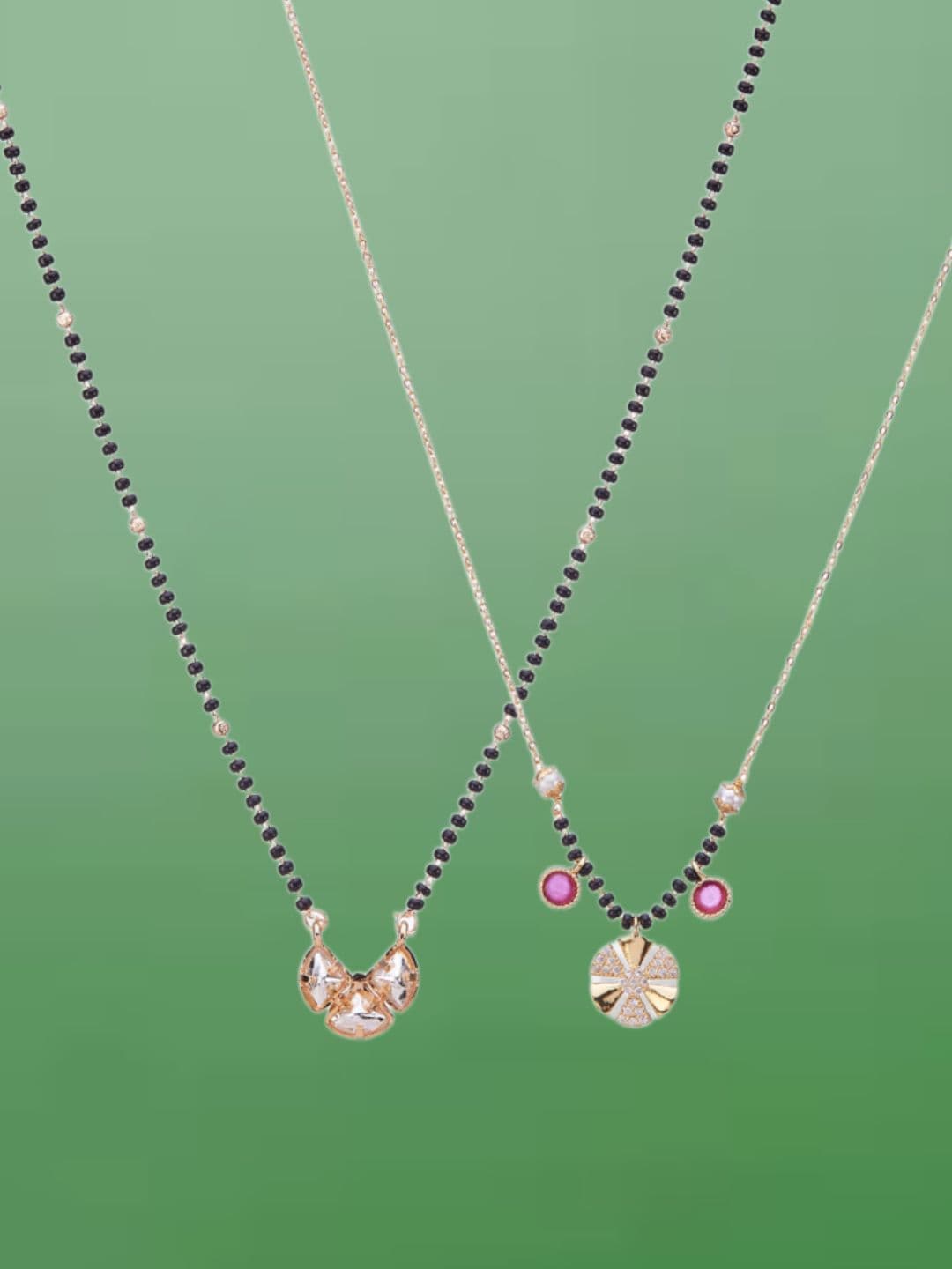 ATIBELLE Set of 2 Rose Gold & Gold-Plated Cubic Zirconia Studded & Beaded Mangalsutras