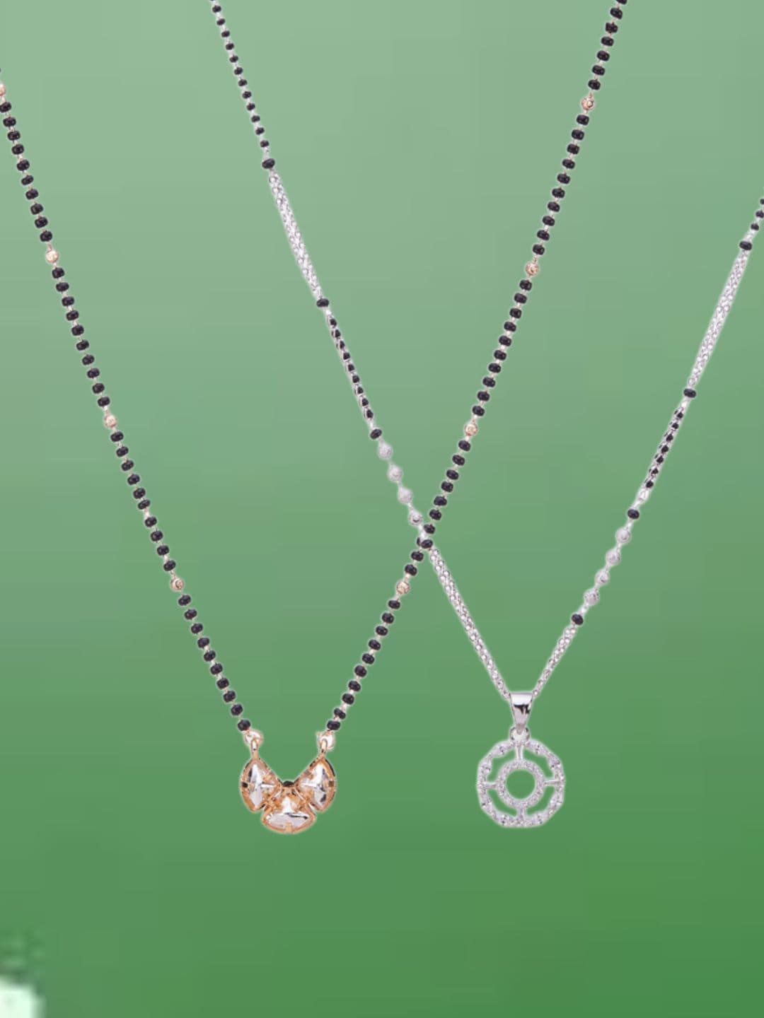 ATIBELLE Set of 2 Rose Gold & Silver-Plated Cubic Zirconia Studded & Beaded Mangalsutras