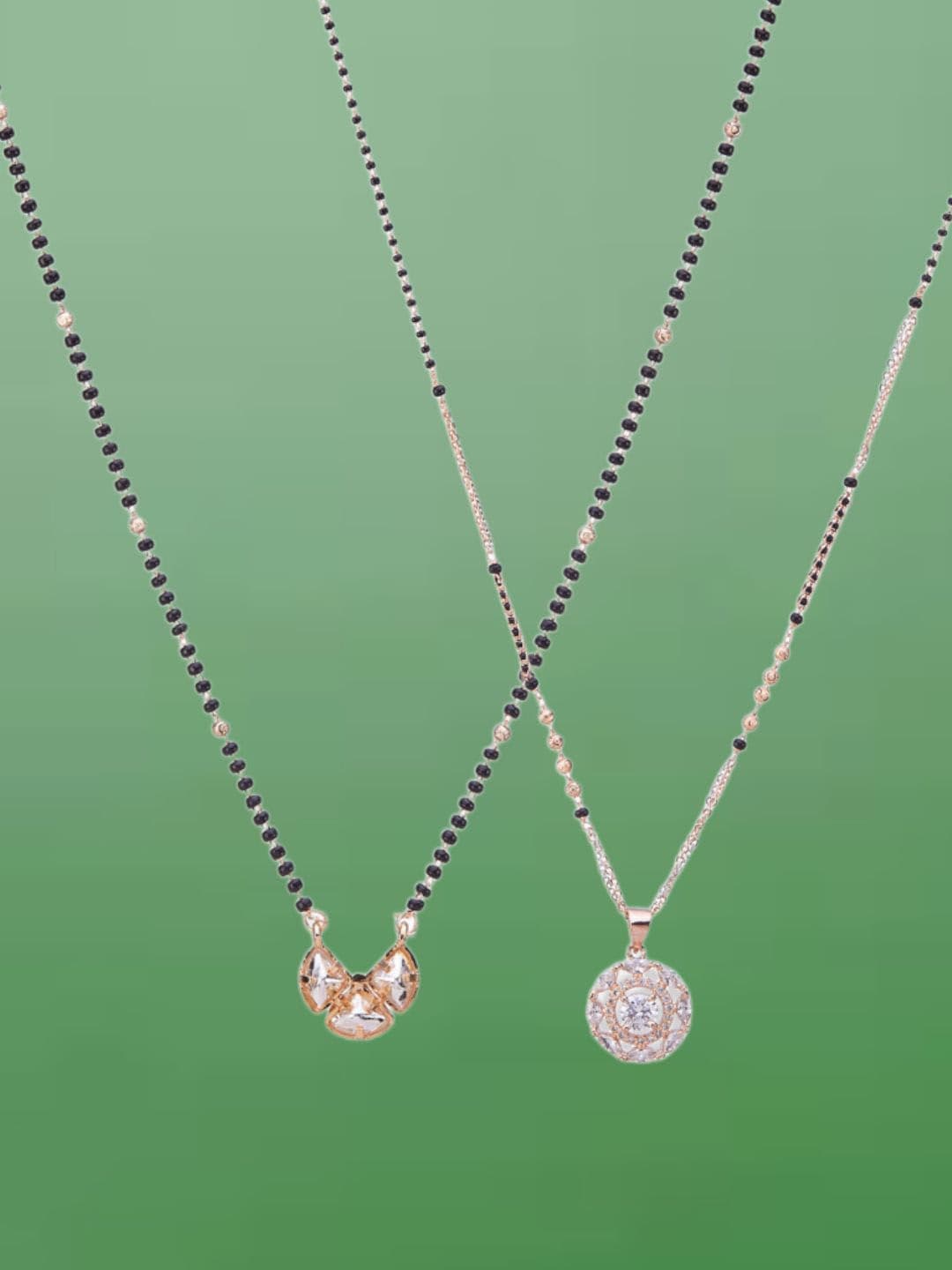 ATIBELLE Set of 2 Rose Gold & Gold-Plated Cubic Zirconia Studded & Beaded Mangalsutras
