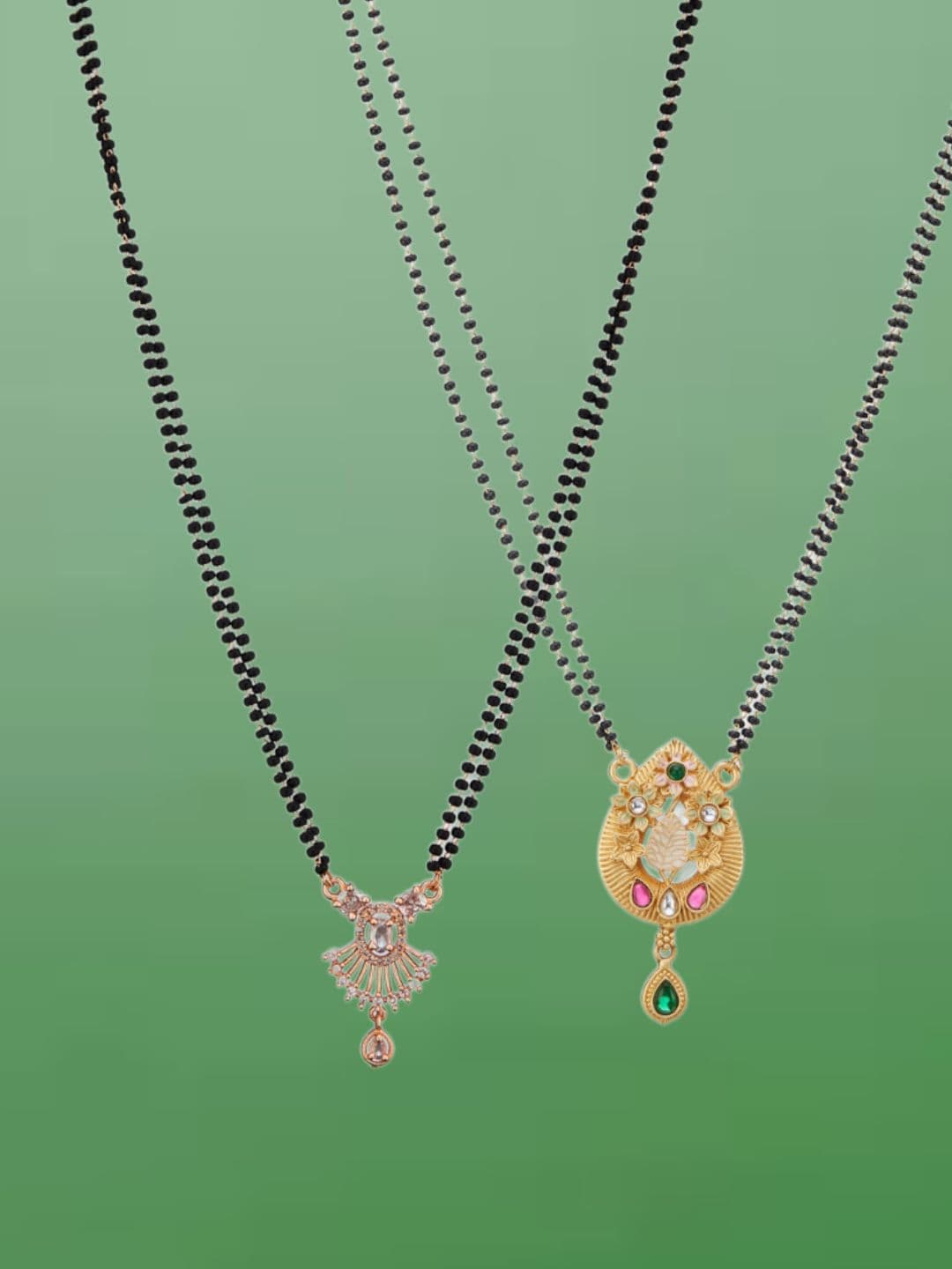 ATIBELLE Set Of 2 Rose Gold-Plated Cubic Zirconia Studded Mangalsutras