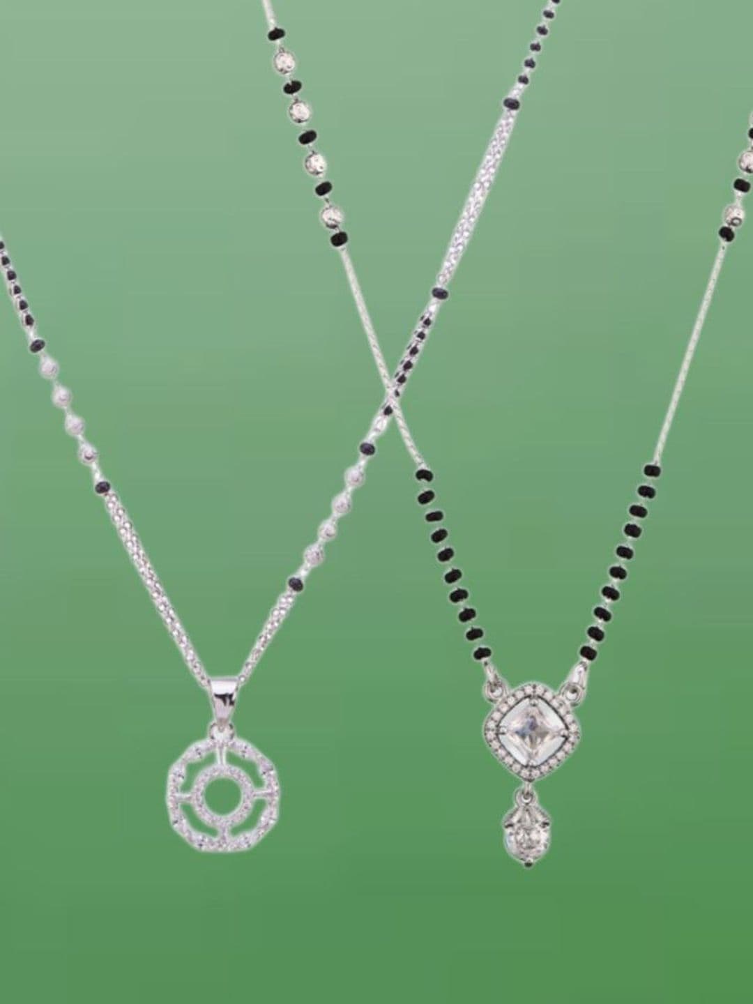 ATIBELLE Set of 2 Silver-Plated Cubic Zirconia Studded & Beaded Mangalsutras