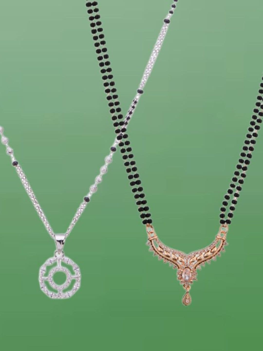 ATIBELLE Set Of 2 Silver-Plated Cubic Zirconia Studded Mangalsutras
