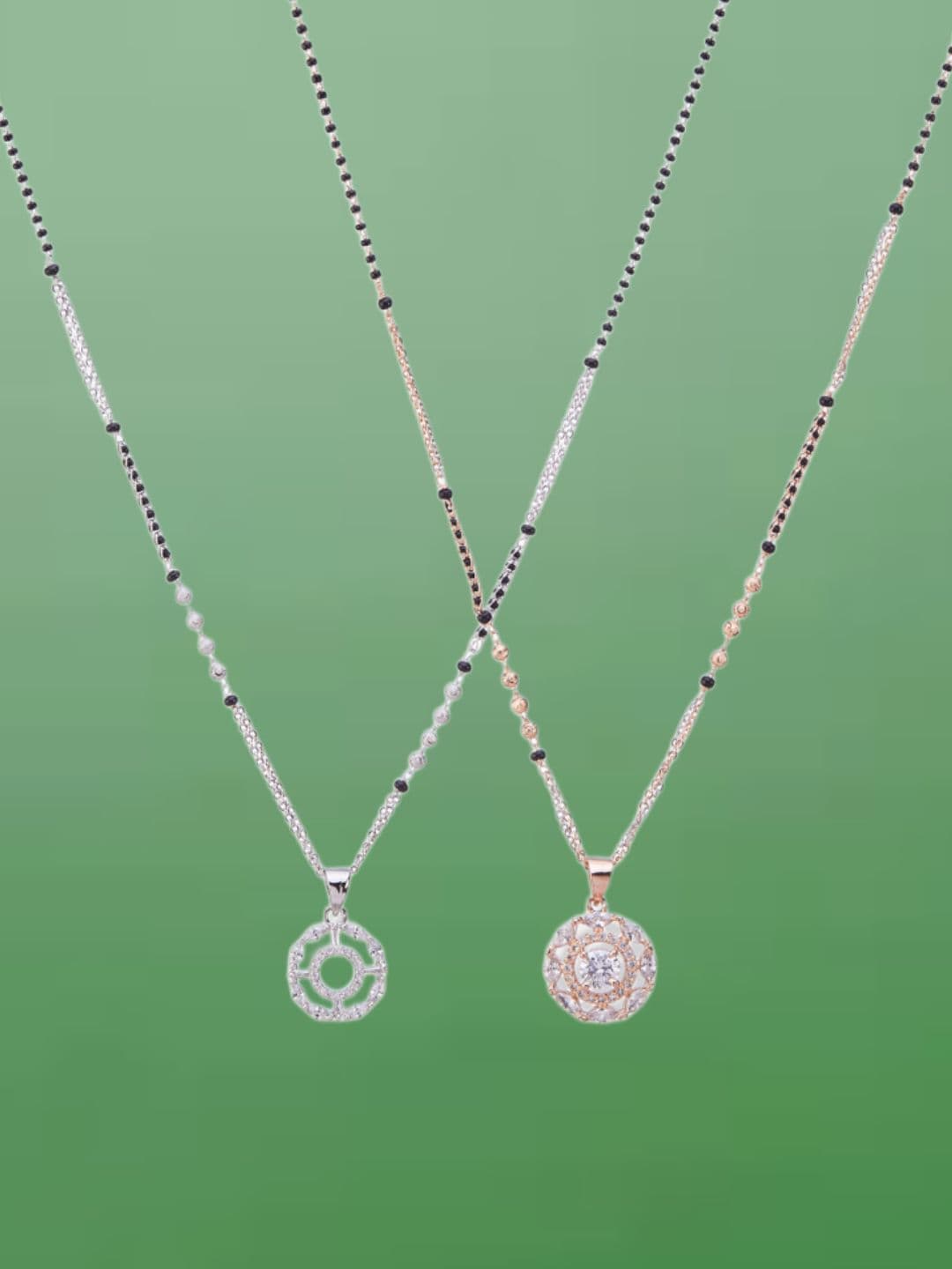 ATIBELLE Set of 2 Rose Gold & Silver-Plated Cubic Zirconia Studded & Beaded Mangalsutras