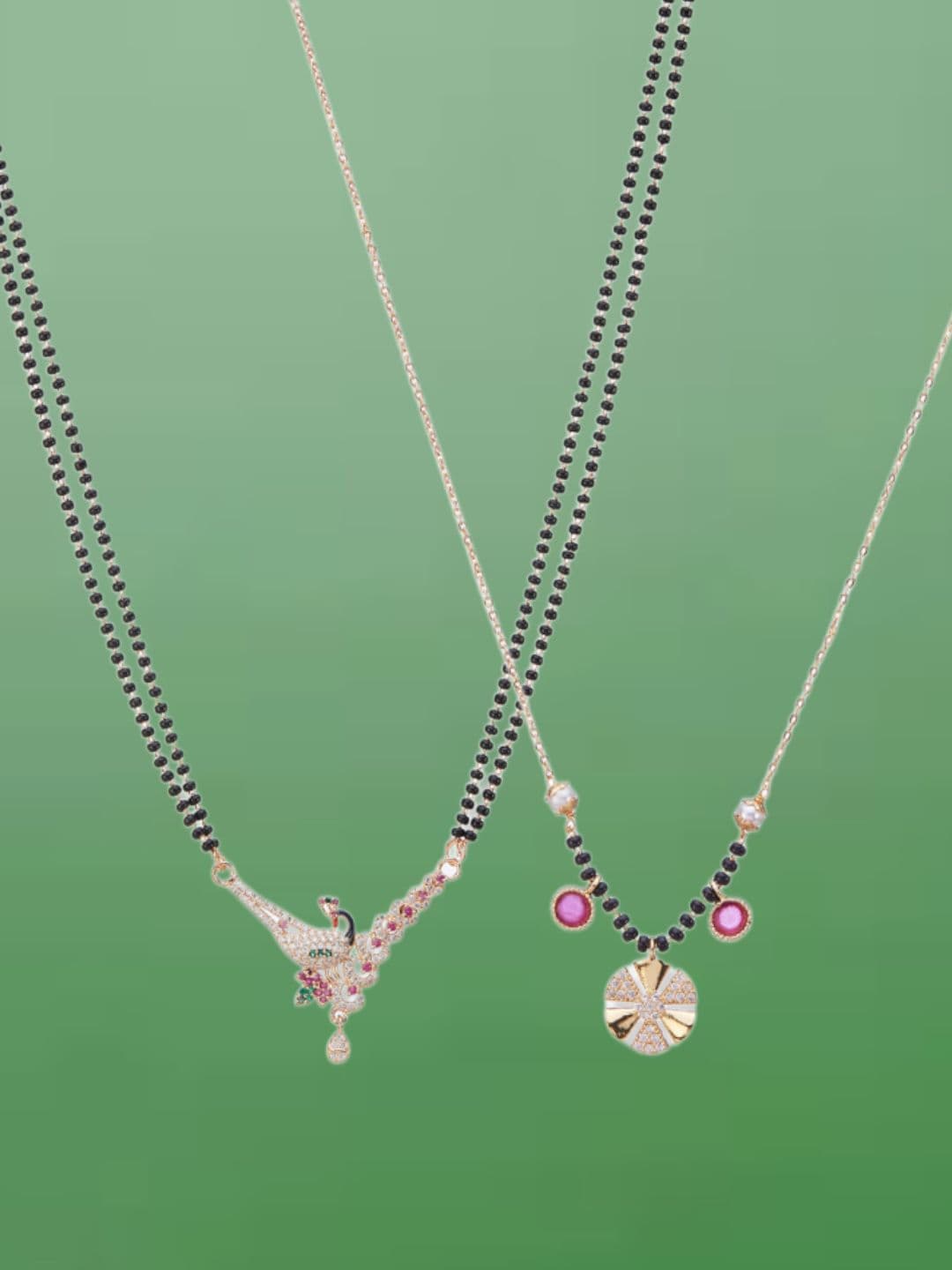 ATIBELLE Set of 2 Rose Gold & Gold-Plated Cubic Zirconia Studded & Beaded Mangalsutras