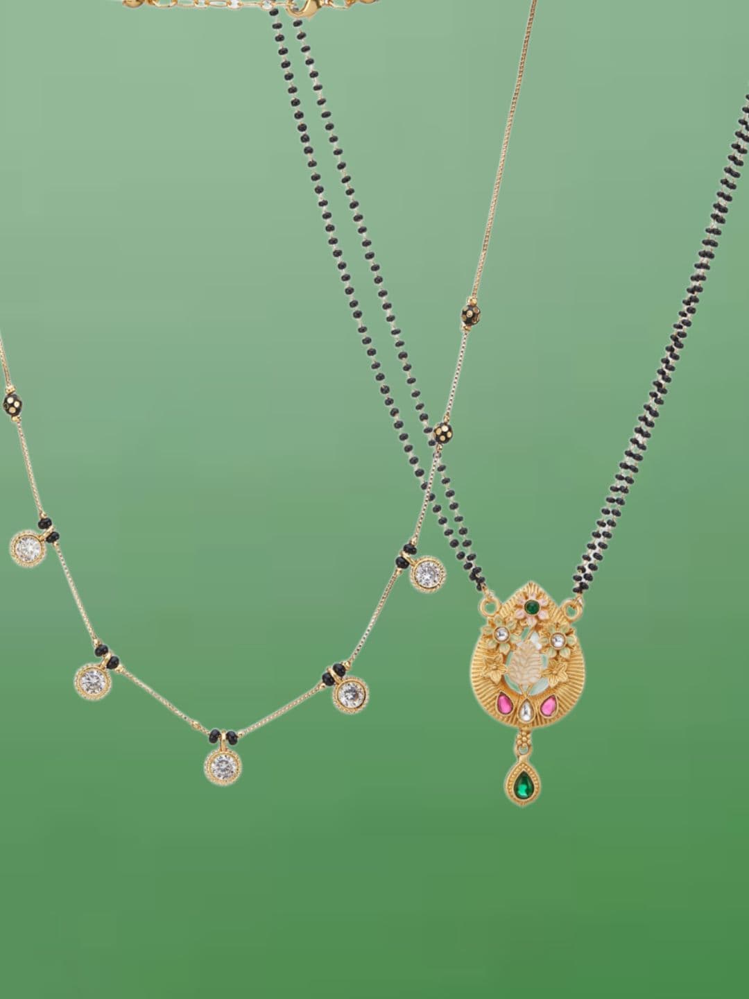 ATIBELLE Set of 2 Gold-Plated Cubic Zirconia Stone Studded & Beaded Mangalsutras
