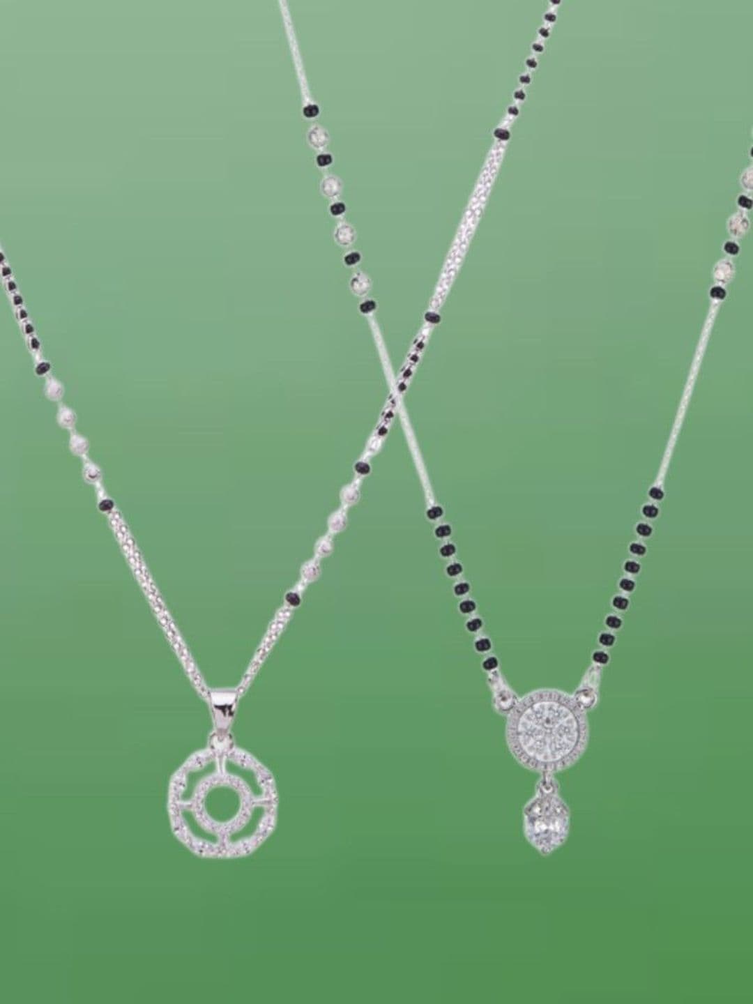 ATIBELLE Set of 2 Silver-Plated Cubic Zirconia Studded & Beaded Mangalsutras