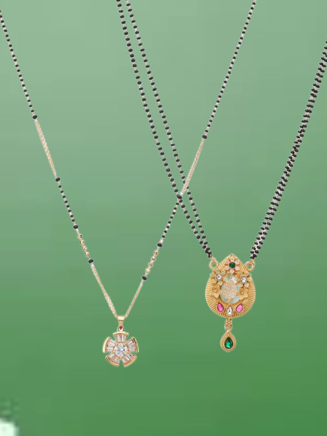 ATIBELLE Set of 2 Gold-Plated Cubic Zirconia Stone Studded & Beaded Mangalsutras