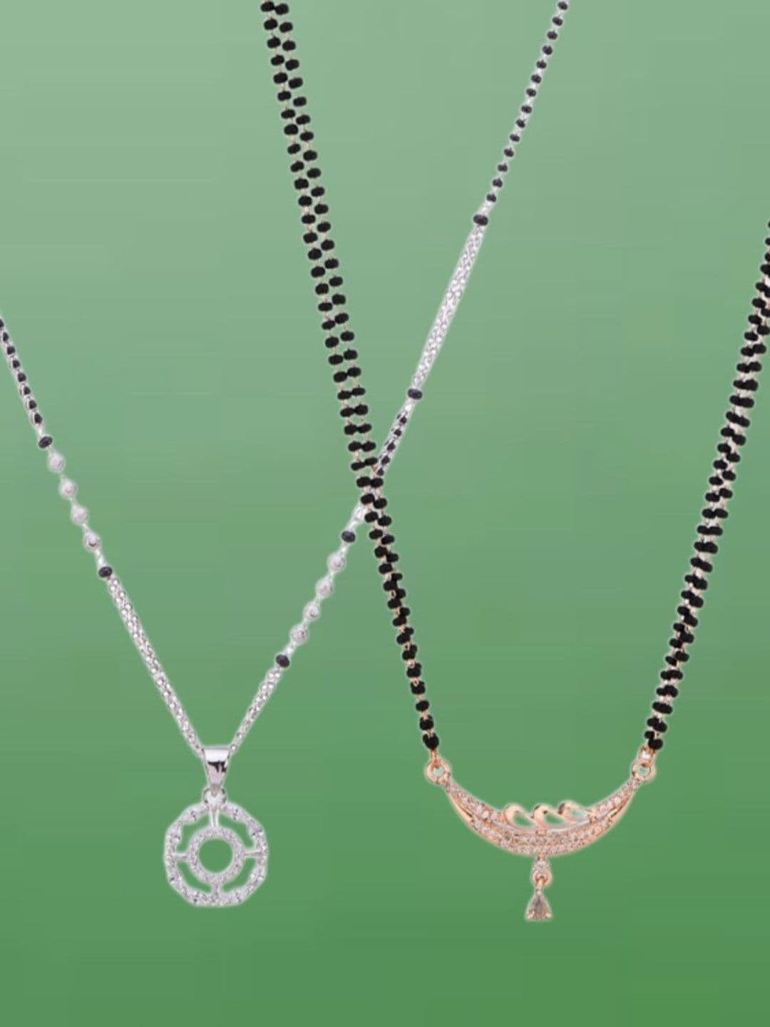 ATIBELLE Set Of 2 Silver-Plated Cubic Zirconia Studded Mangalsutras