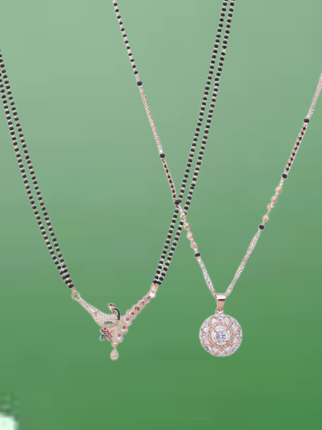 ATIBELLE Set of 2 Rose Gold-Plated Cubic Zirconia Studded & Beaded Mangalsutras