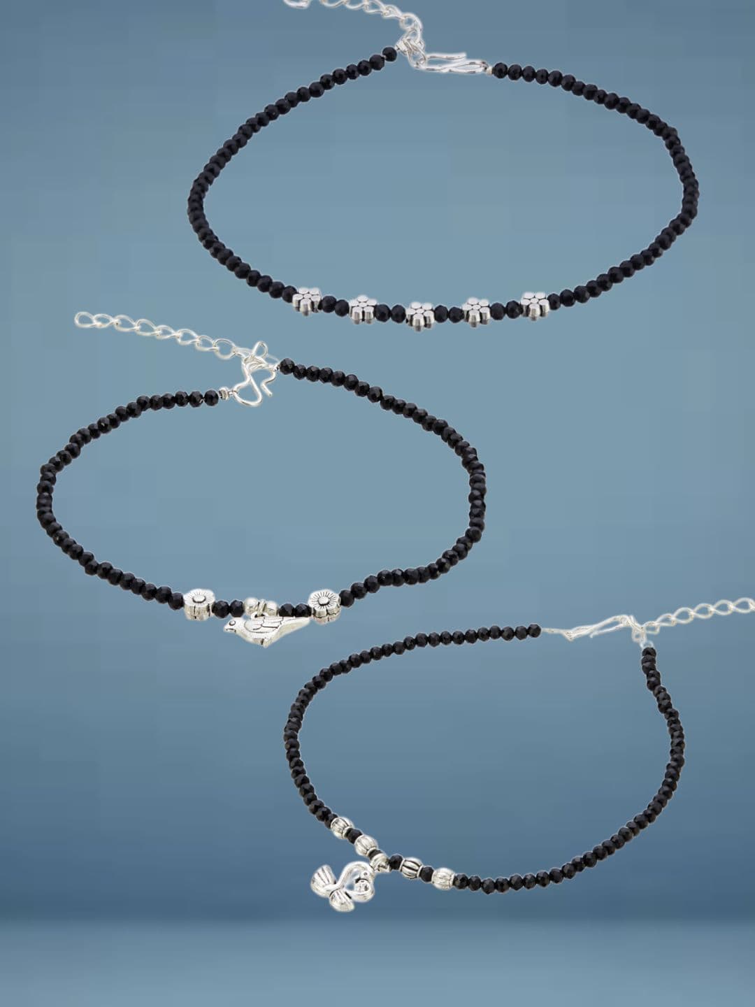 ATIBELLE Set Of 3 Silver-Plated Artificial Beaded Anklet - Image 1