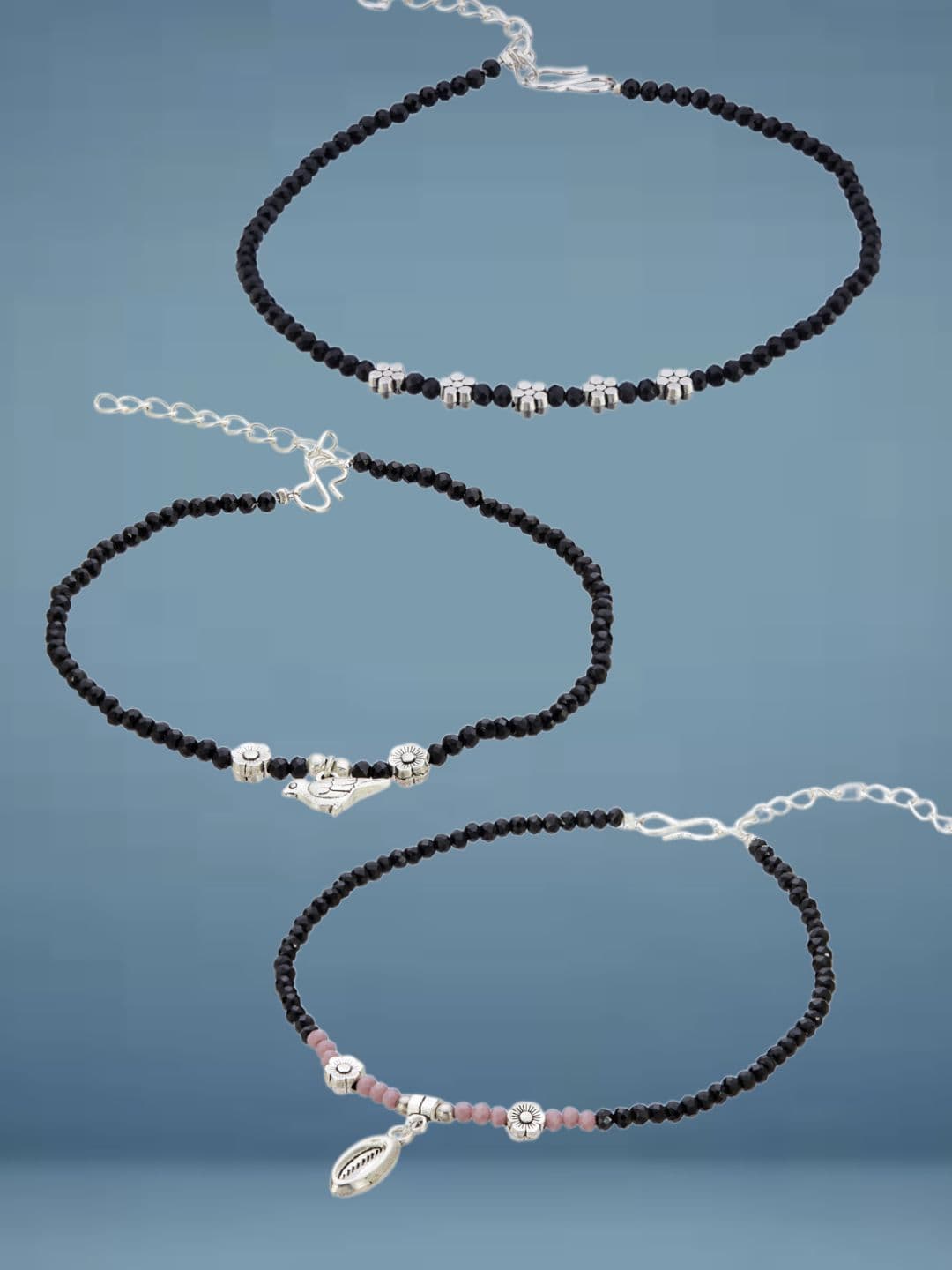 ATIBELLE Set Of 3 Silver-Plated Artificial Stones Studded And Beaded Anklet - Image 1