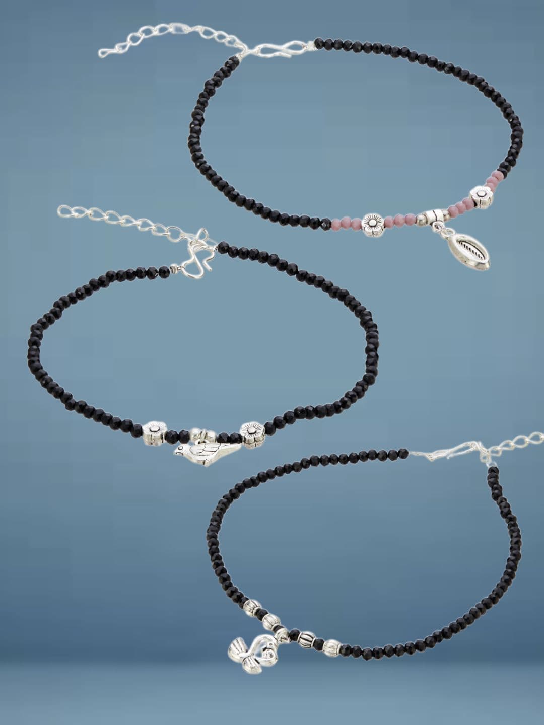 ATIBELLE Set Of 3 Silver-Plated Artificial Stones Studded And Beaded Anklet - Image 1