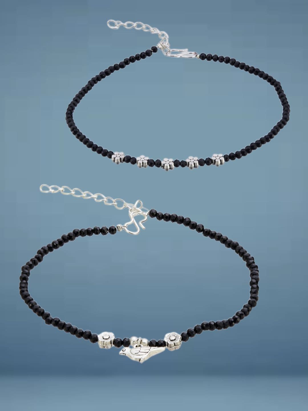 ATIBELLE Set Of 2 Silver-Plated Artificial Beads Anklet - Image 1