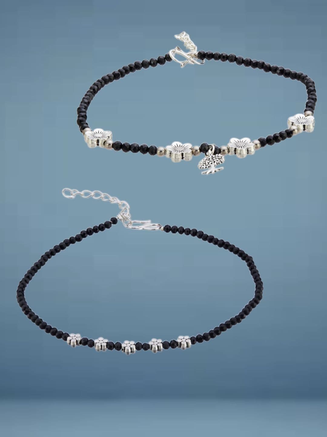 ATIBELLE Set Of 2 Silver-Plated Artificial Stones Studded And Beaded Anklet - Image 1